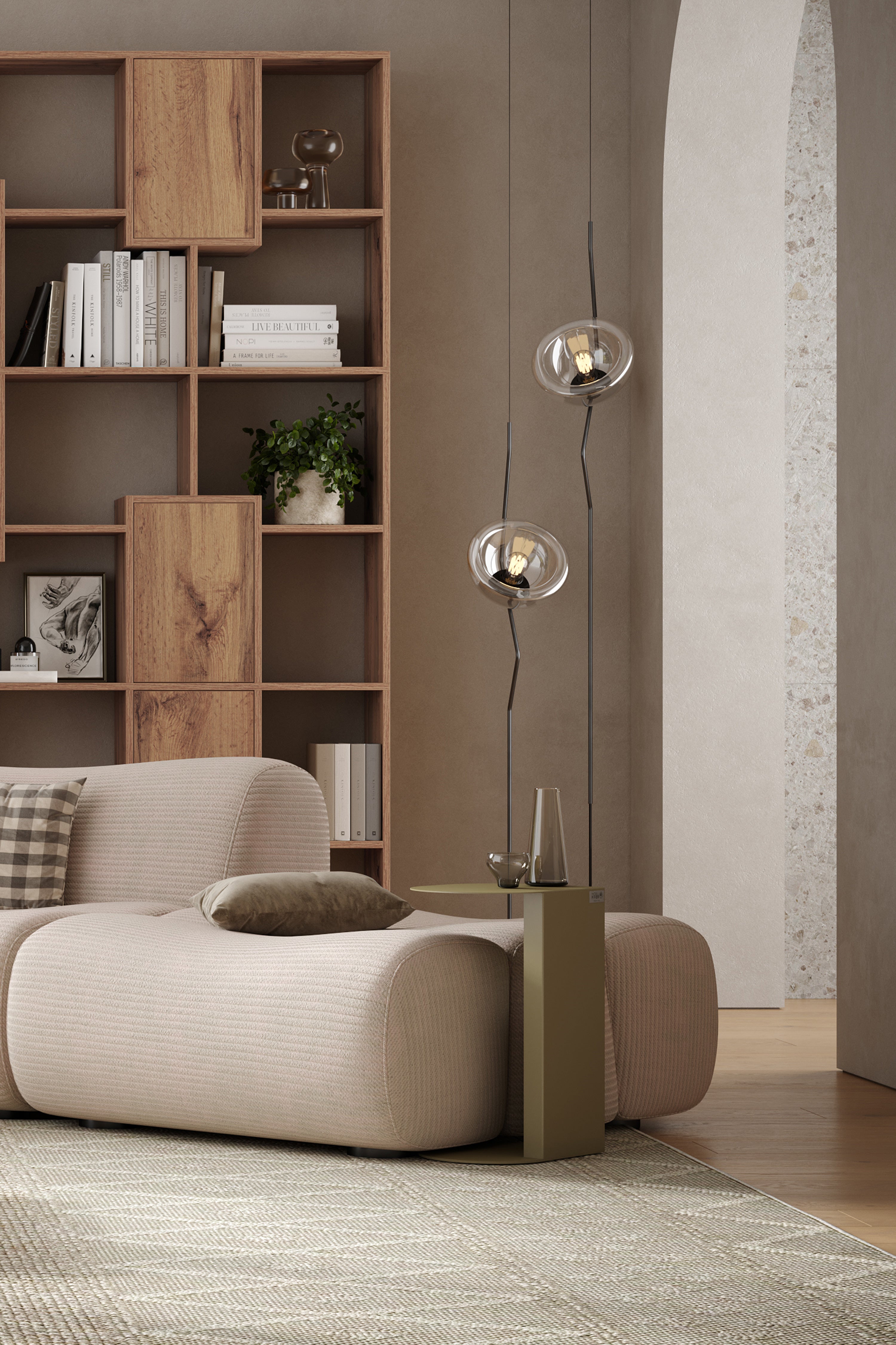 Coppia di tavolini in metallo Camilla, h45 e h55, Verde oliva - Immagine ambientata 1
