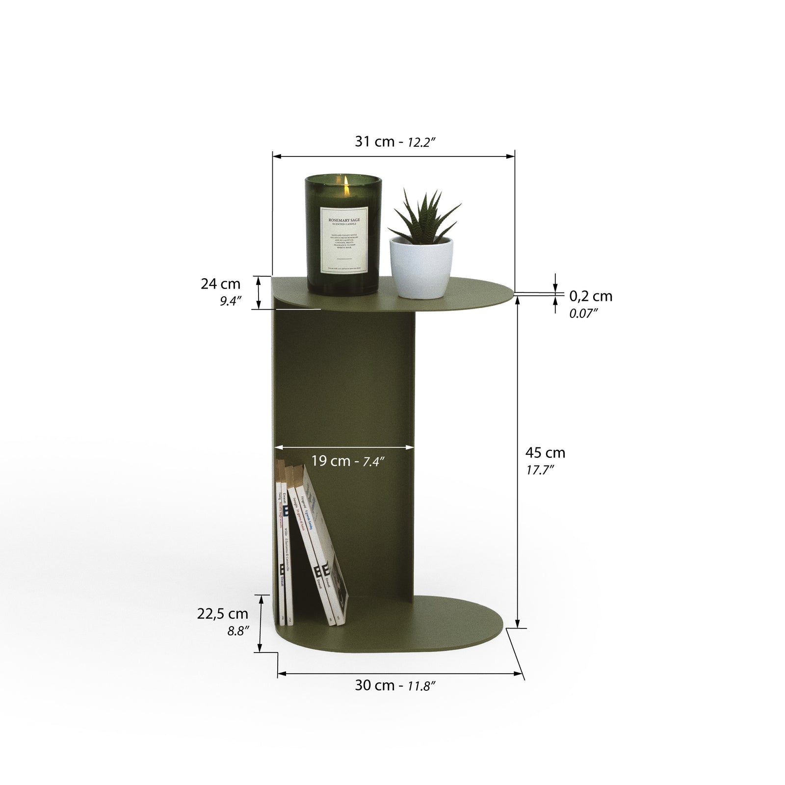 Camilla metalen bijzettafel, 31x24x45 cm, Olijfgroen - Immagine tecnica 1