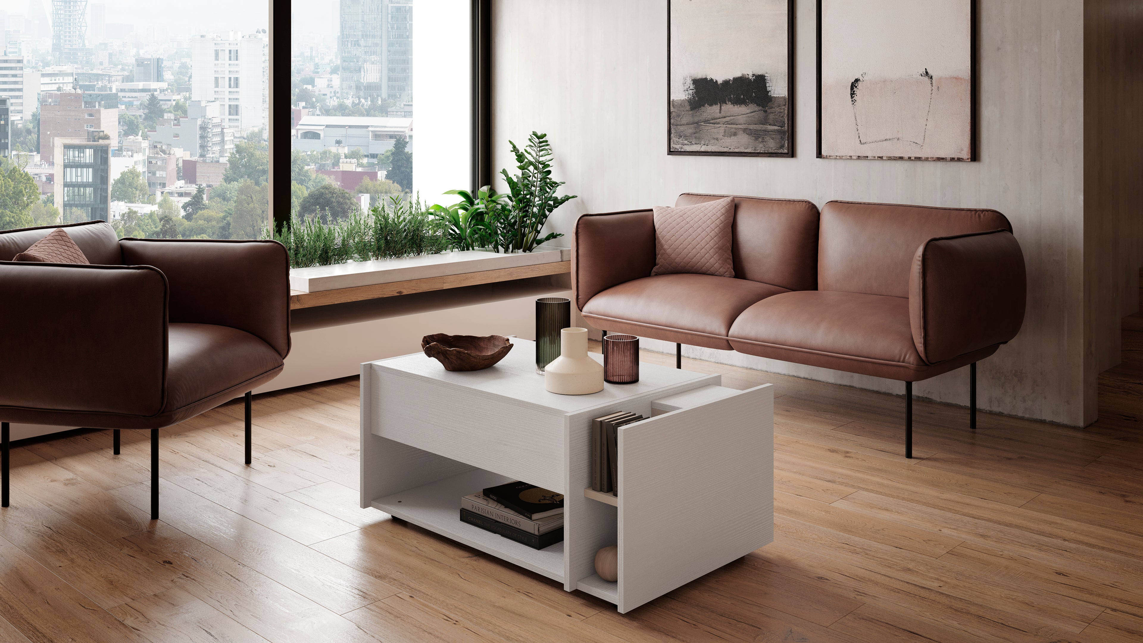 Table Basse Relevable Romina, Frêne Blanc - Set image 1