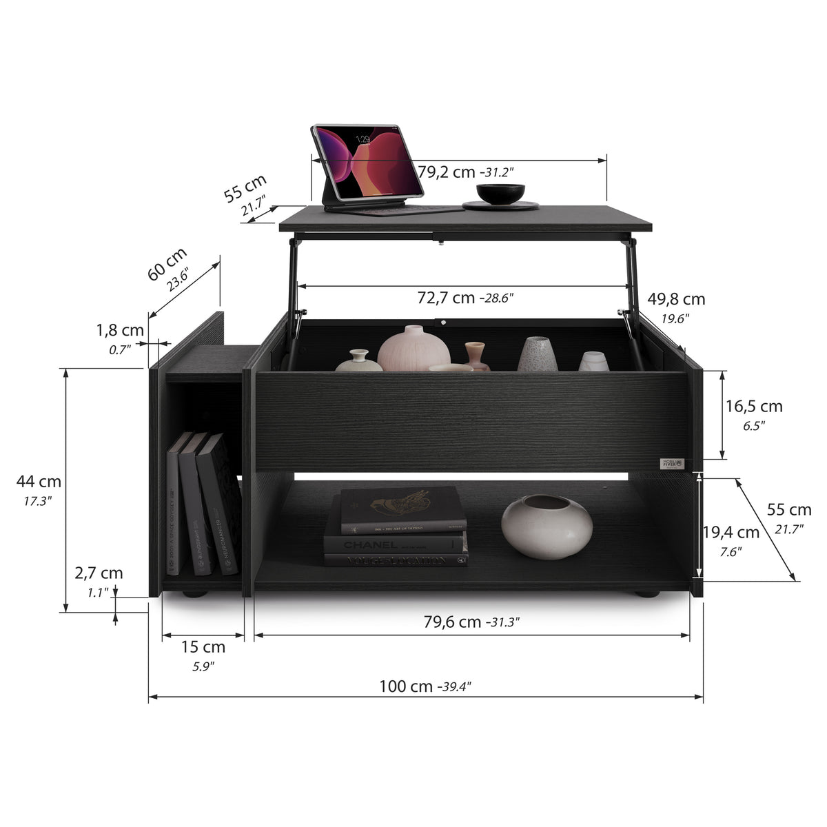Höhenverstellbarer Couchtisch Romina, Esche Schwarz - Immagine tecnica 1