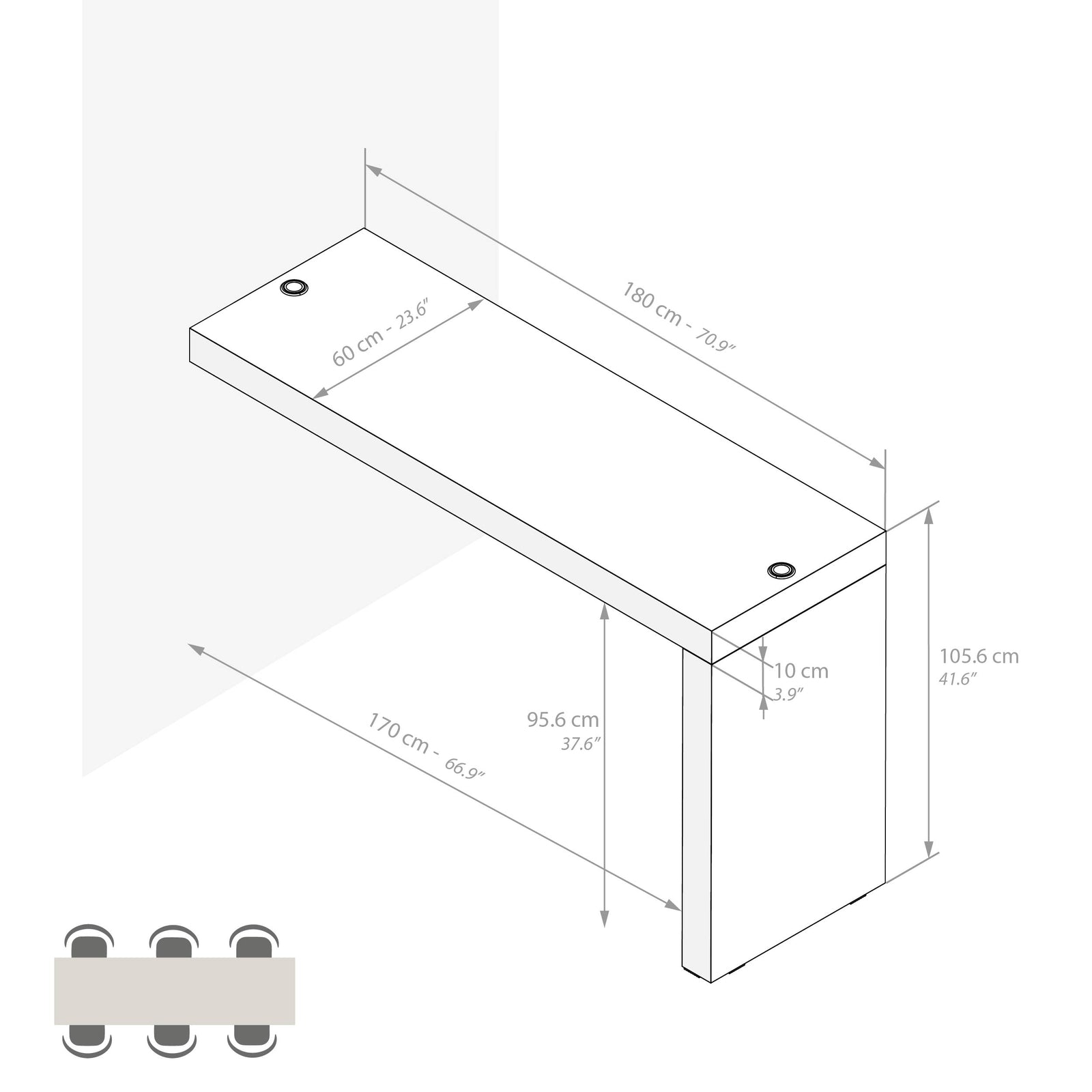 Penisola Evolution 180x60, Nero Frassino con Caricatore Wireless - Immagine tecnica 1