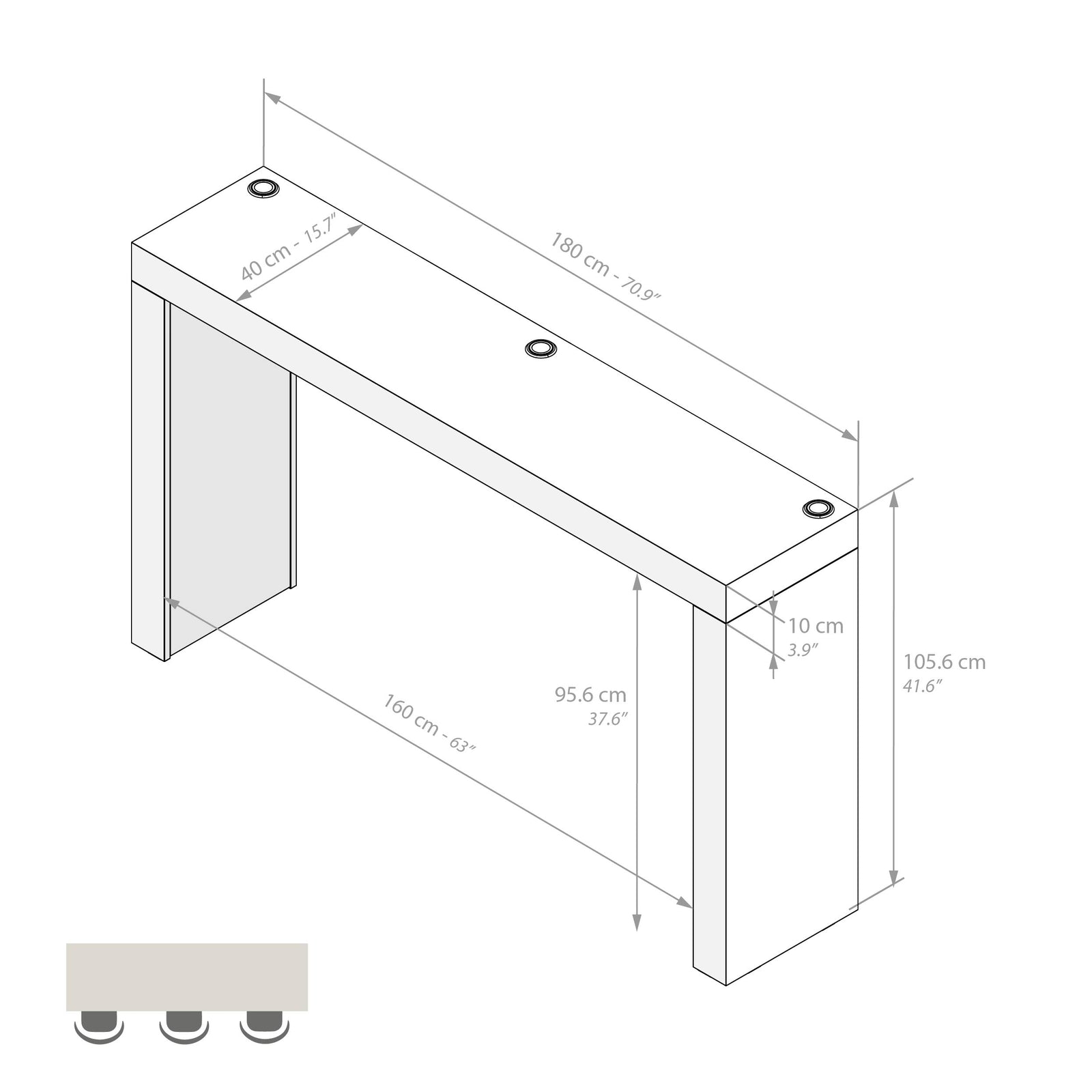 Table Haute Evolution 180x40, Chêne Clair avec 2 pieds et Chargeur Sans Fil - Immagine tecnica 1
