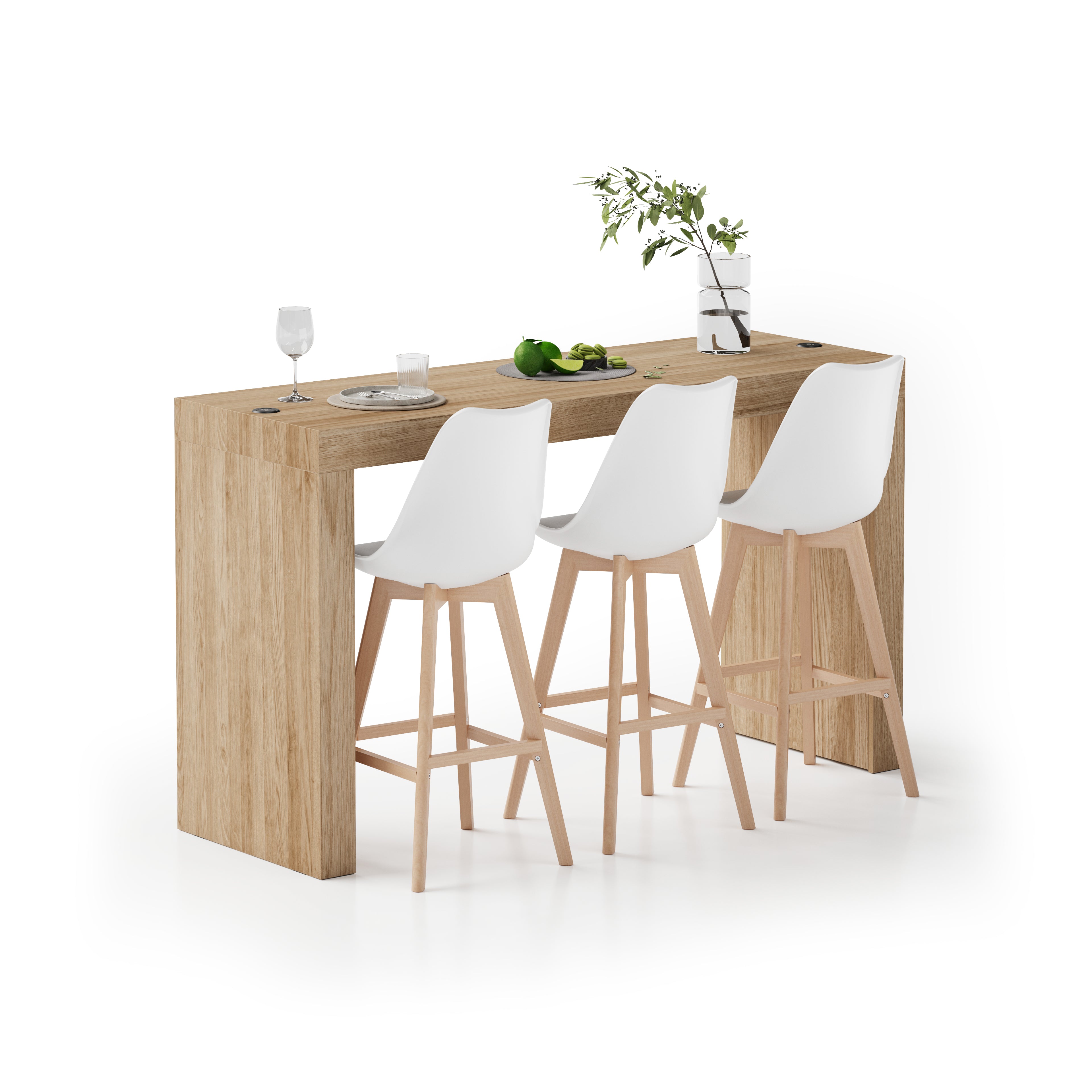 Tavolo Alto Evolution 180x60, Rovere Naturale con Due Gambe e Caricatore Wireless