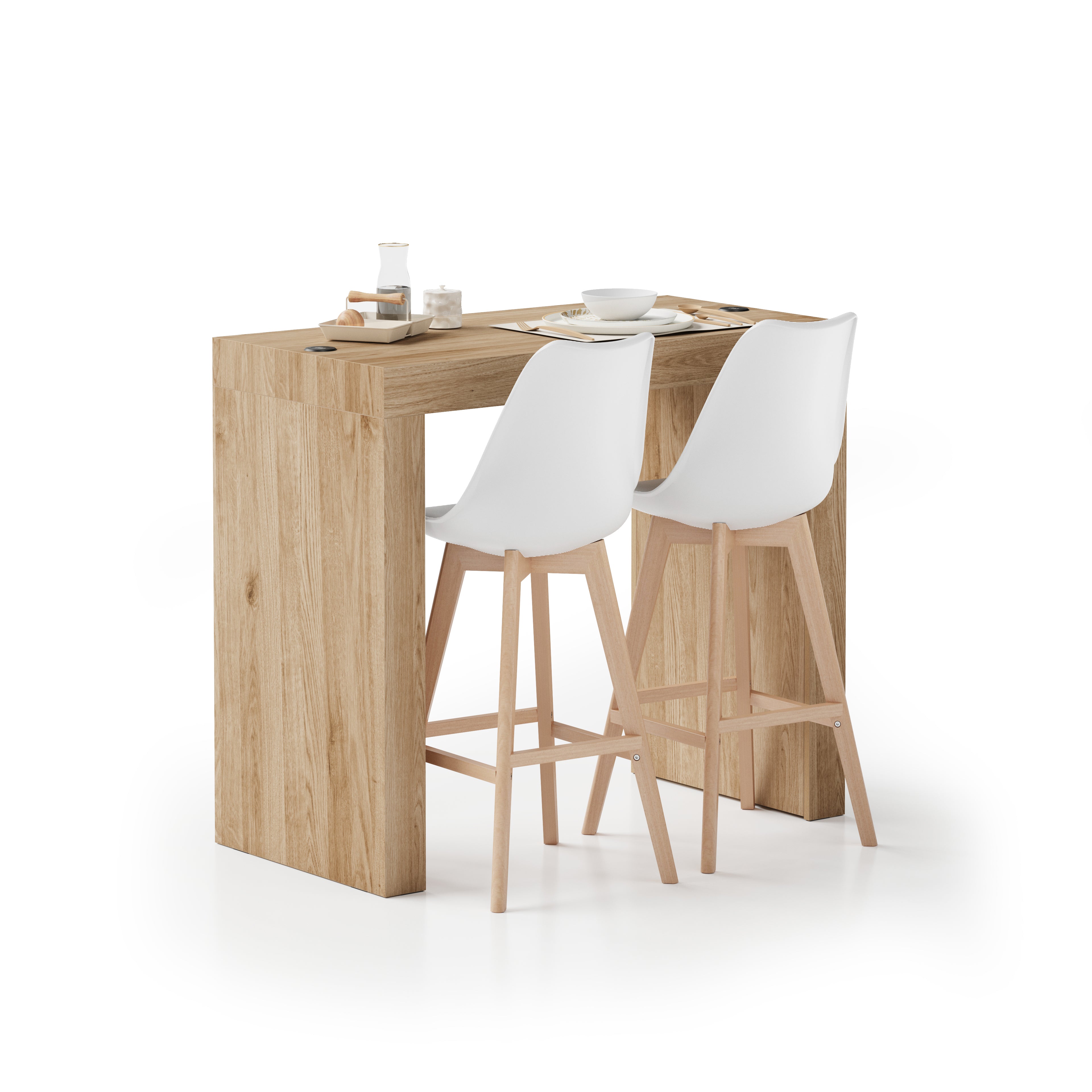Tavolo Alto Evolution 120x60, Rovere Naturale con Due Gambe e Caricatore Wireless