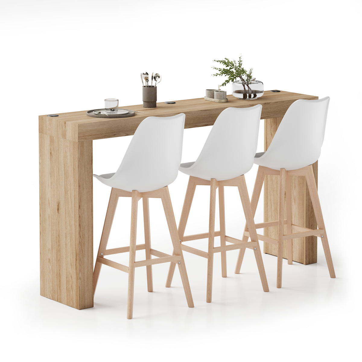 Tavolo Alto Evolution 180x40, Rovere Naturale con Due Gambe e Caricatore Wireless