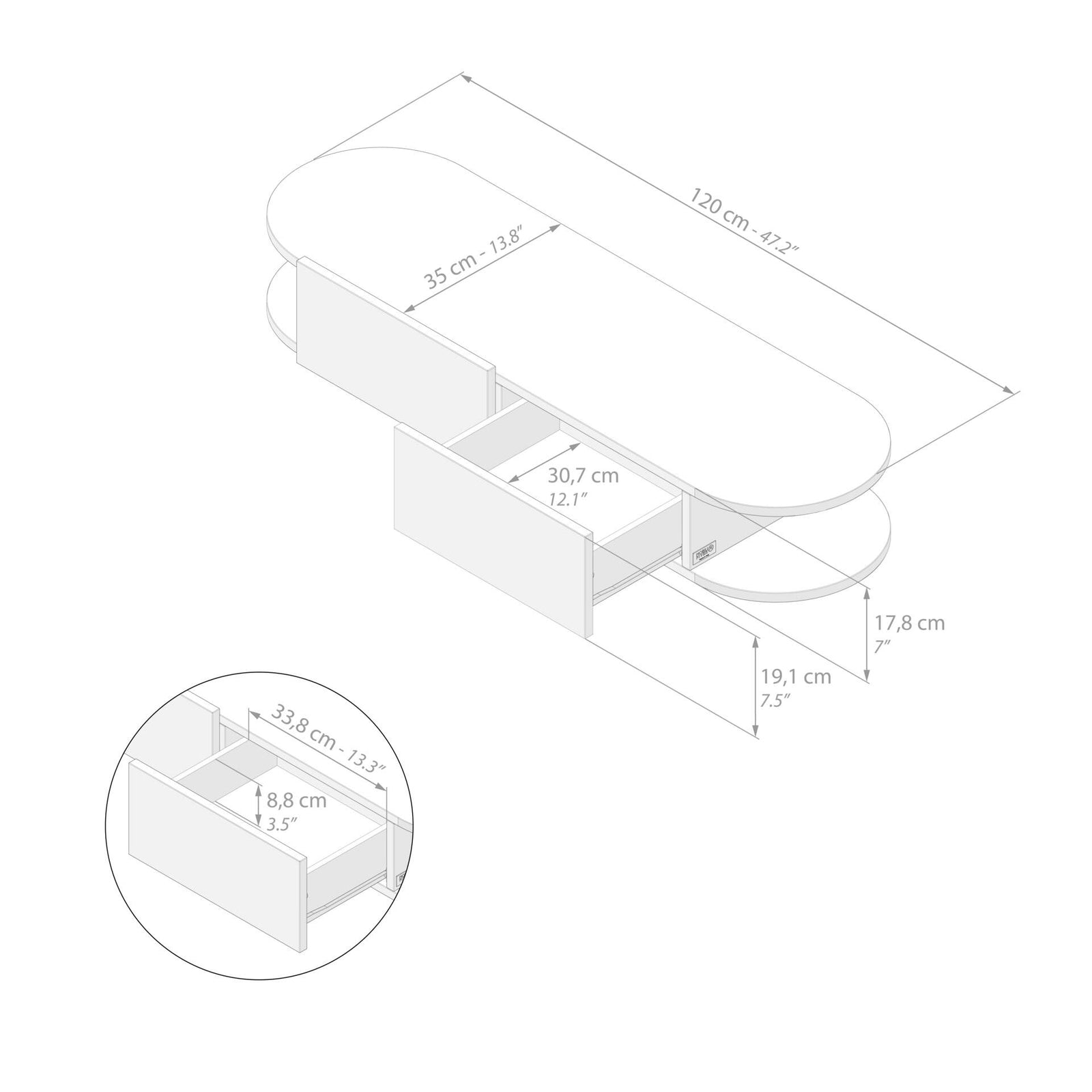 Console Murale Olivia avec 2 Tiroirs, Bois Rustique - Immagine tecnica 1