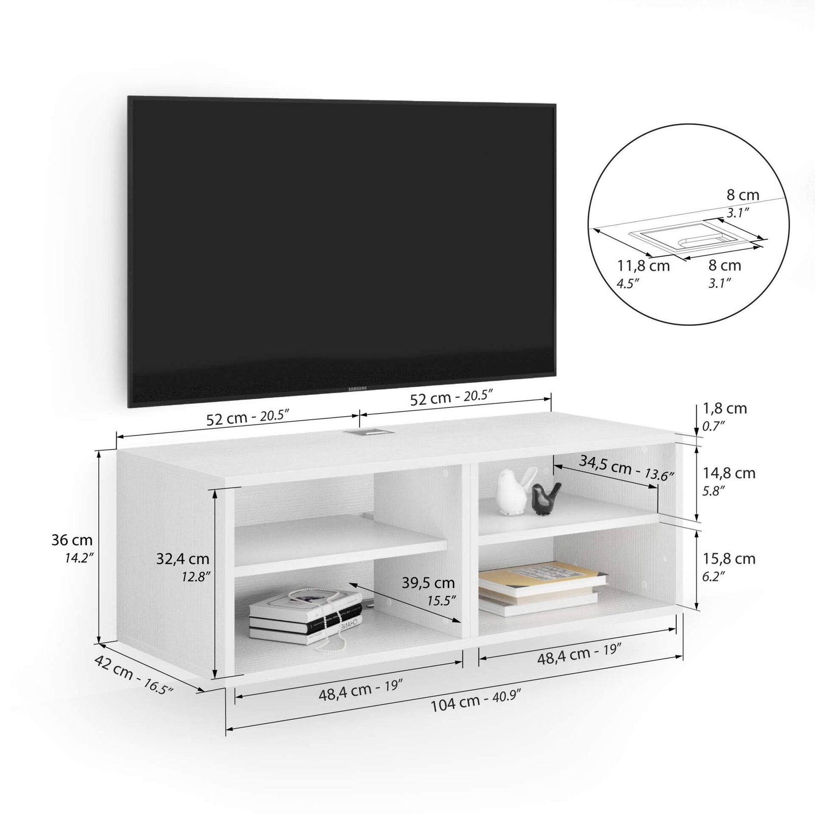 Porta Tv sospeso X Senza Anta, Bianco Frassino - Immagine tecnica 1