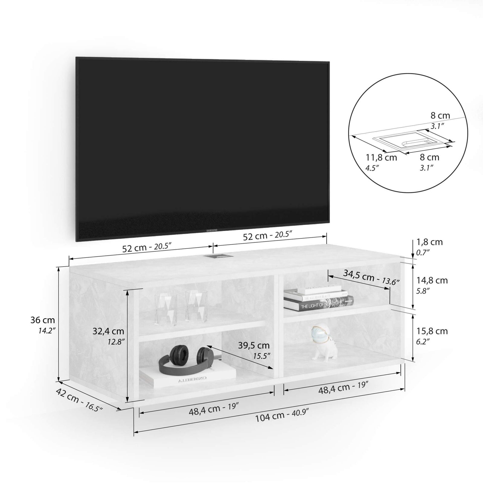 Porta Tv sospeso X Senza Anta, Bianco Cemento - Immagine tecnica 1