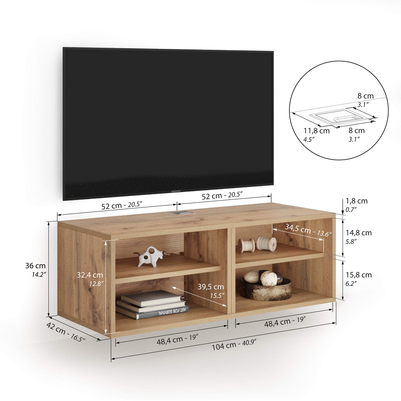 X Wall TV Unit without Door, Rustic Oak - Immagine tecnica 1