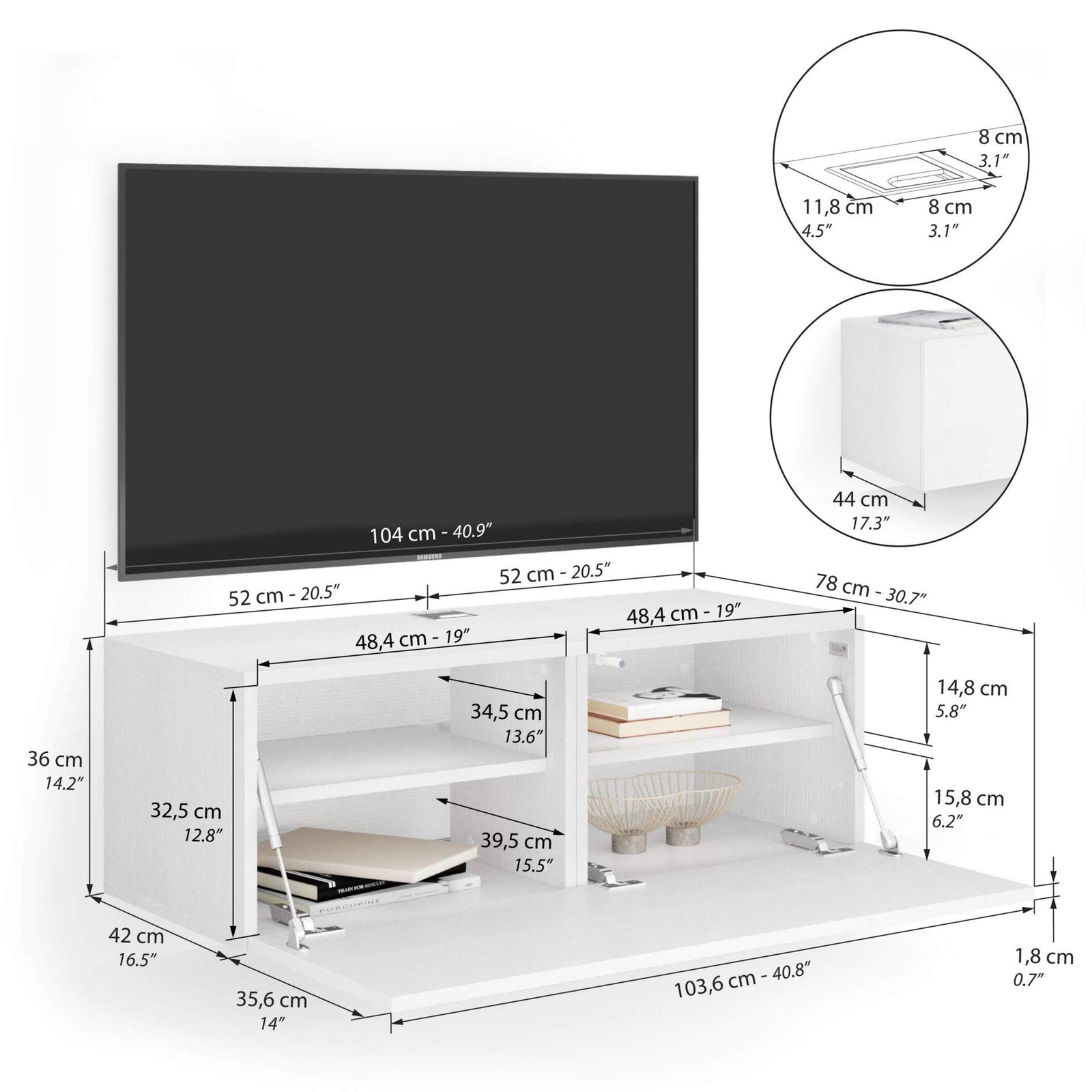 Móvel de TV suspenso Easy com porta de aleta, freixo branco - Immagine tecnica 1