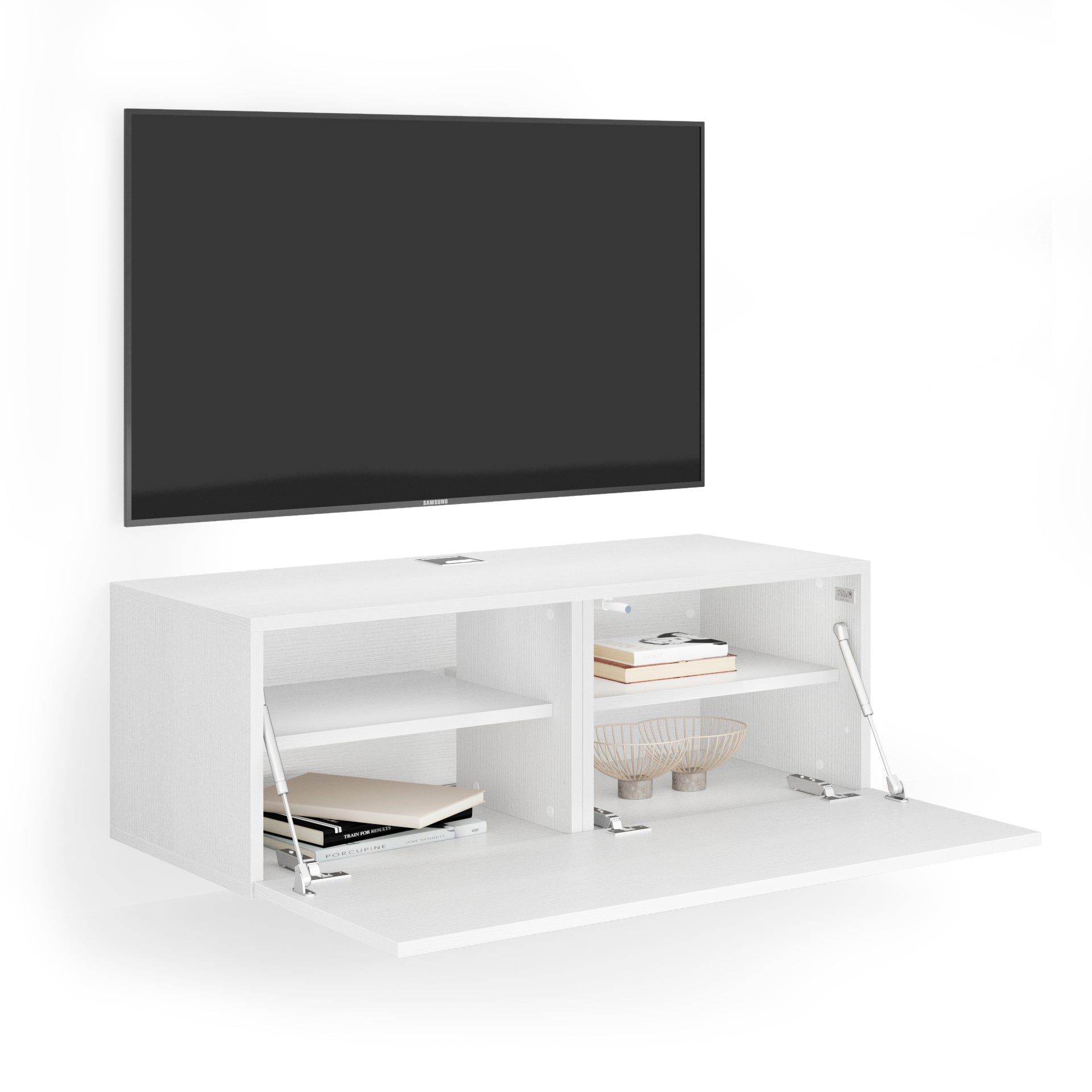 Easy Wall TV Unit with Flap Door, Ashwood White