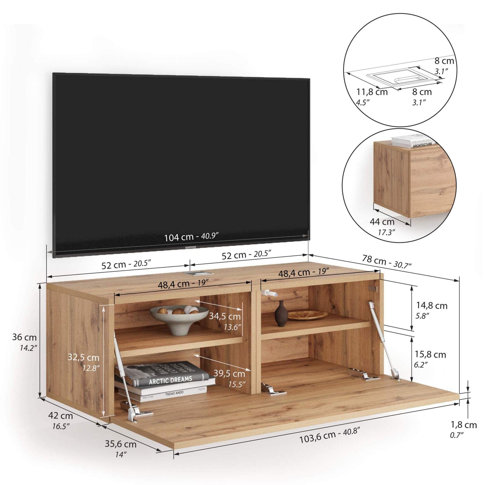 Easy Wall TV Unit with Flap Door, Rustic Oak - Immagine tecnica 1