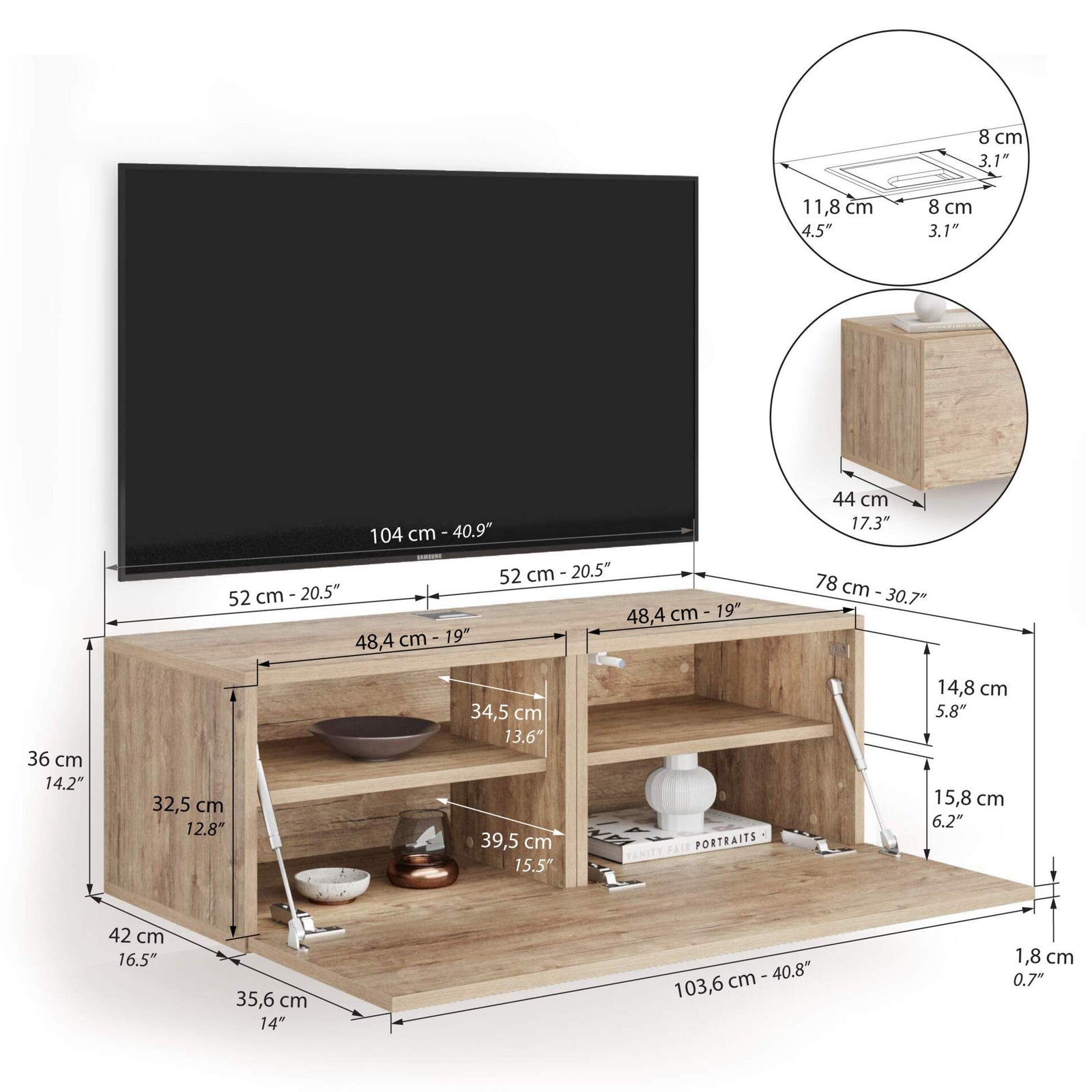 Easy Wall TV Unit with Flap Door, Oak - Immagine tecnica 1