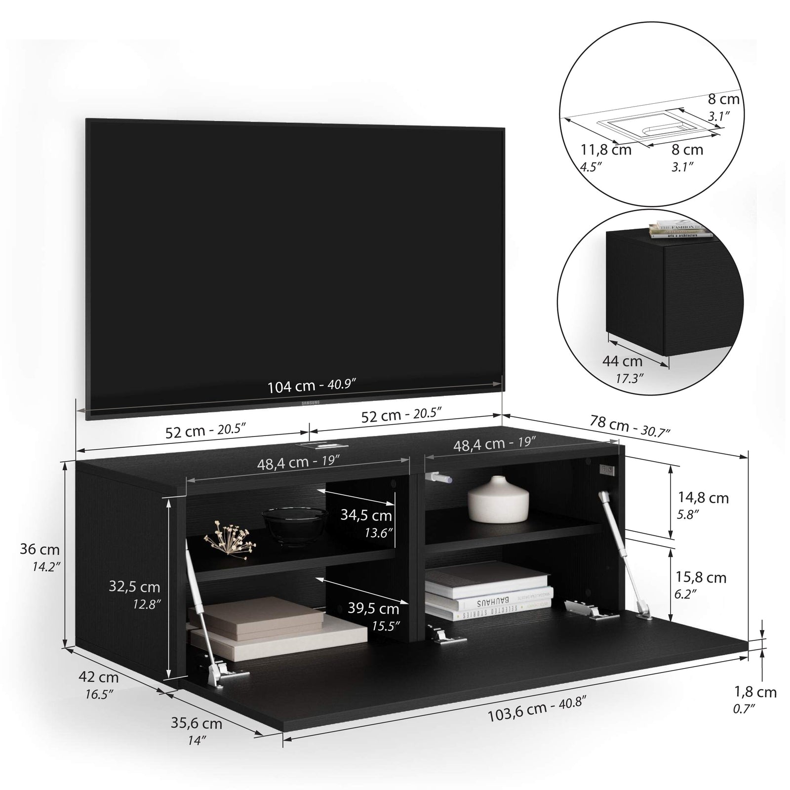 Easy Wall TV Unit with Flap Door, Ashwood Black - Immagine tecnica 1