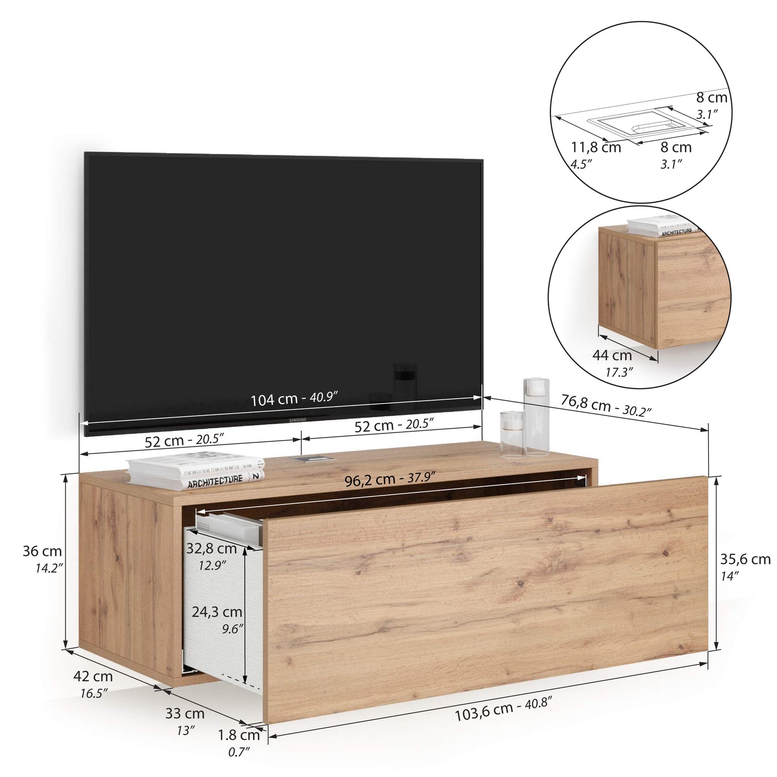 Mueble TV suspendido Easy con cajón, color madera rústica - Immagine tecnica 1