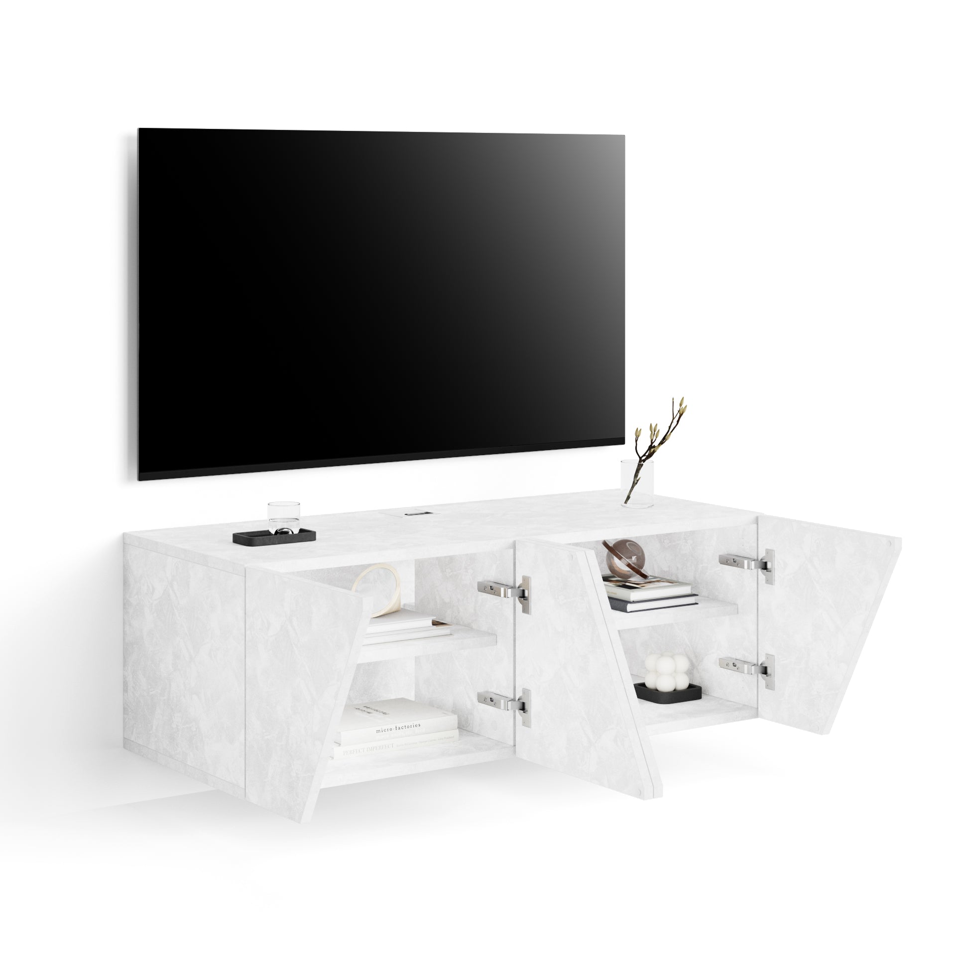Emma Wall TV Unit with Door, Concrete Effect, White