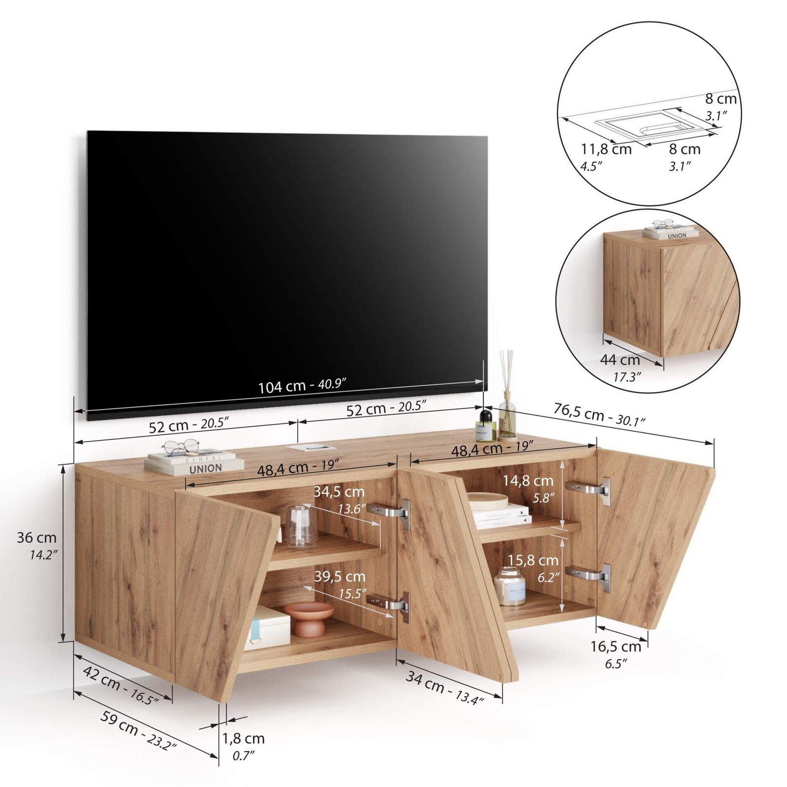 Emma Wall TV Unit with Door, Rustic Oak - Immagine tecnica 1