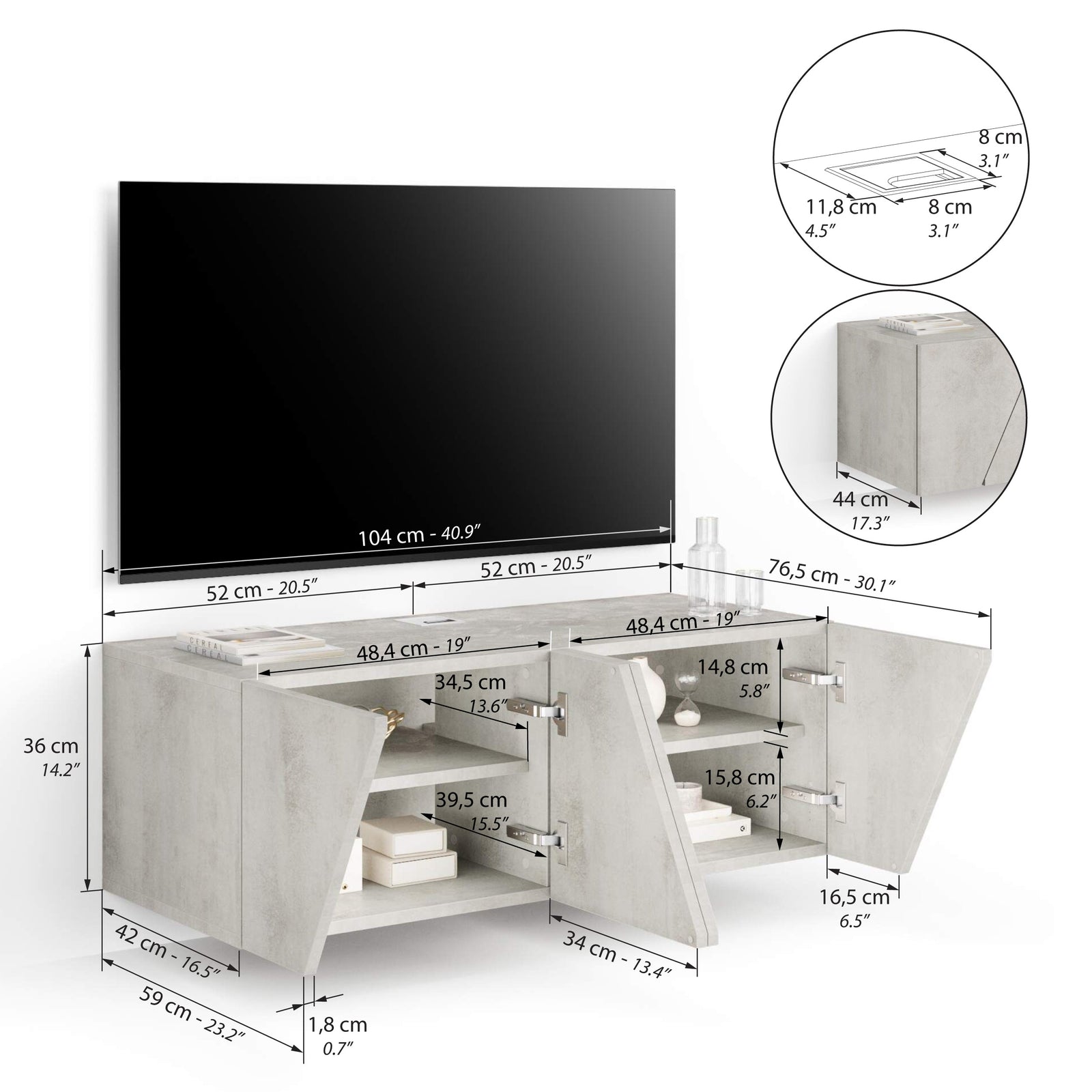 Meuble TV Mural Emma Avec Porte, Gris Béton - Immagine tecnica 1