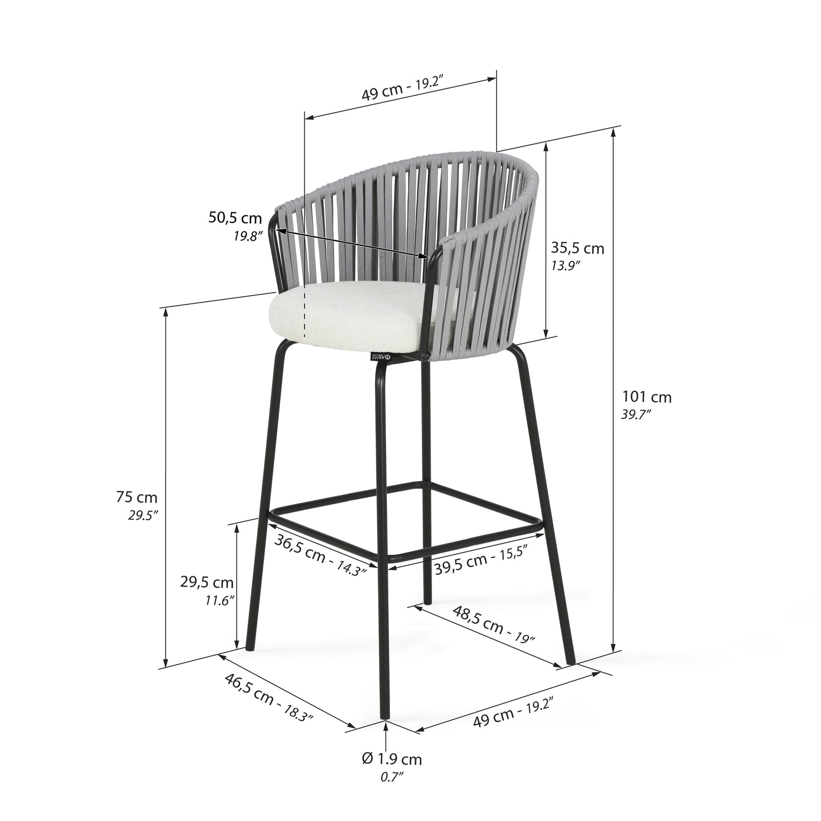 Tabourets en tissu Anna, Lot de 2, Blanc Crème - Immagine tecnica 1