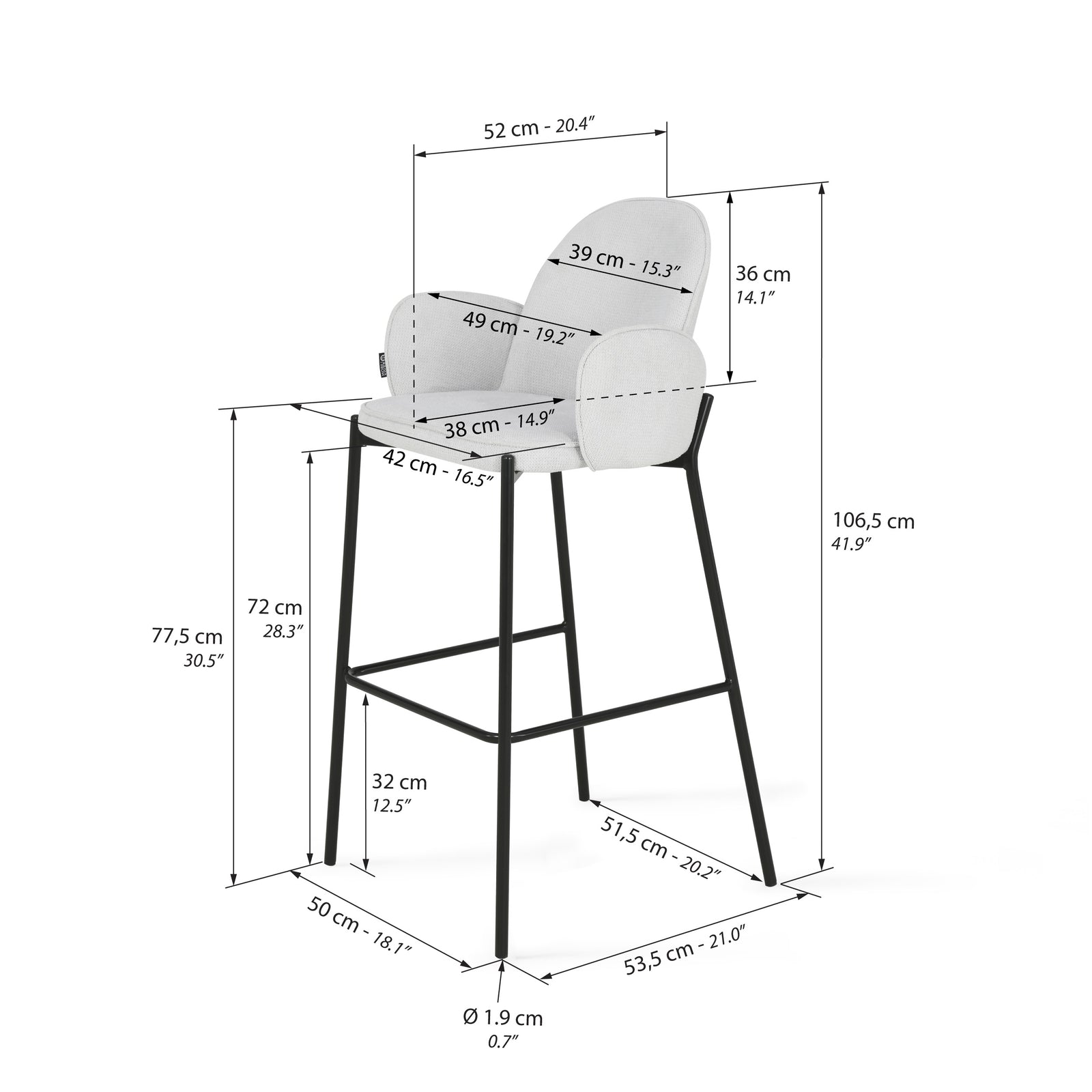 Taburete din material textil Agata, Set de 2, Alb Gheață - Immagine tecnica 1