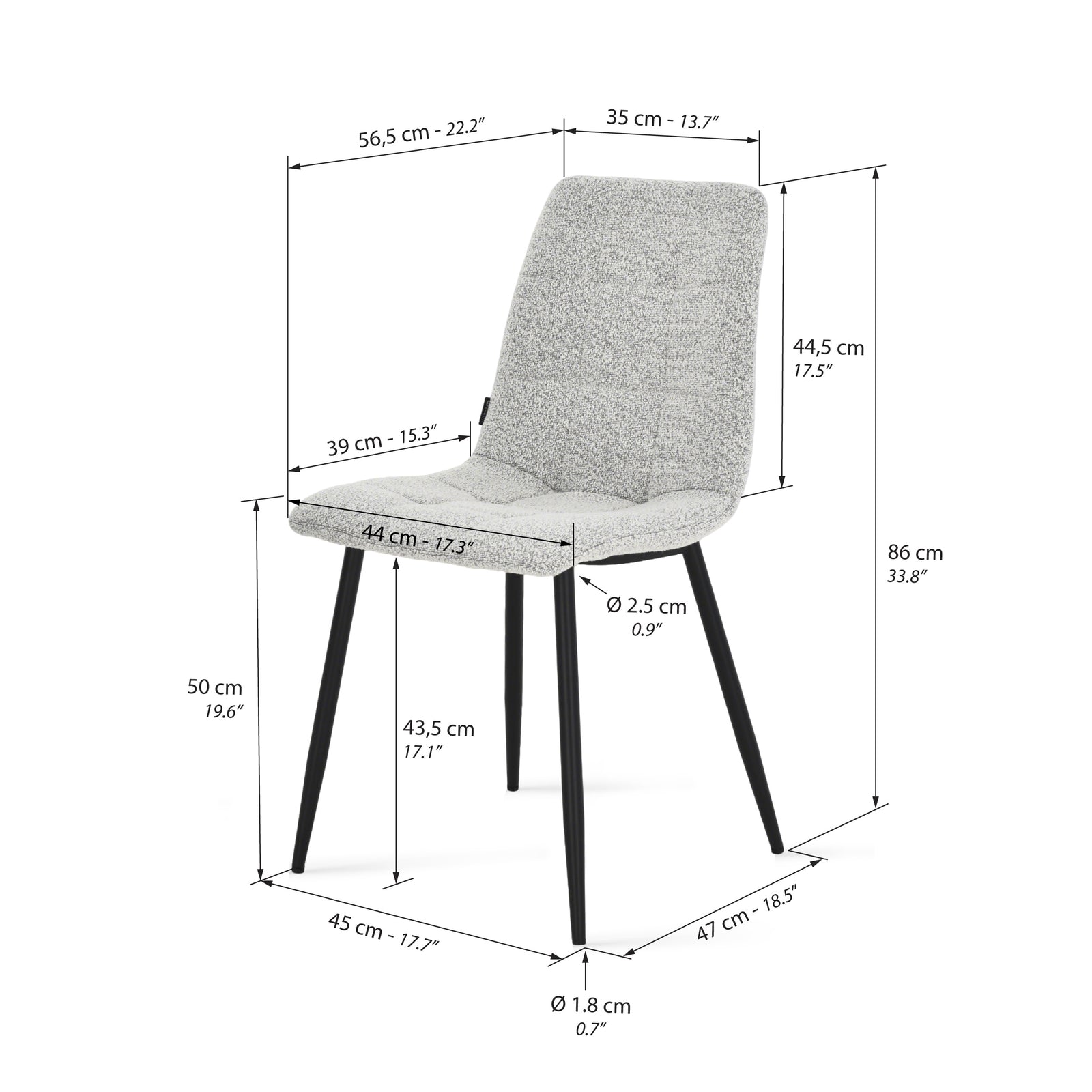 Sedie in tessuto Lia, Set da 2, Bianco Panna - Immagine tecnica 1