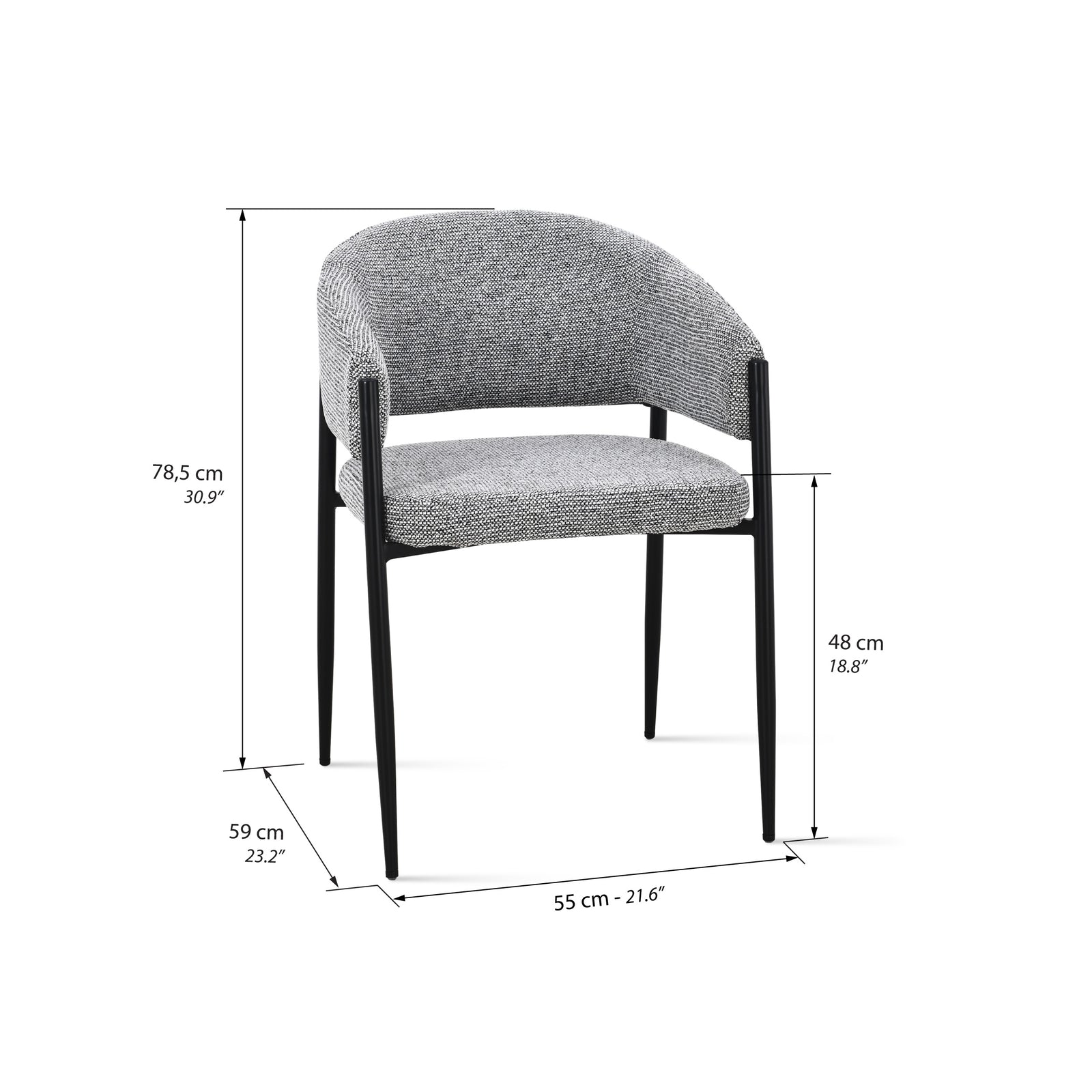 Martina Fabric Chairs, Set of 2, Grey with Black Metal Legs - Immagine tecnica 1