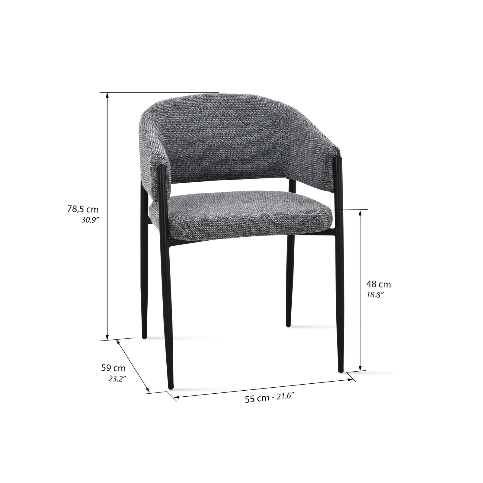 Chaises en tissu Martina, Lot de 2, Gris Foncé avec pieds en métal noir - Immagine tecnica 1