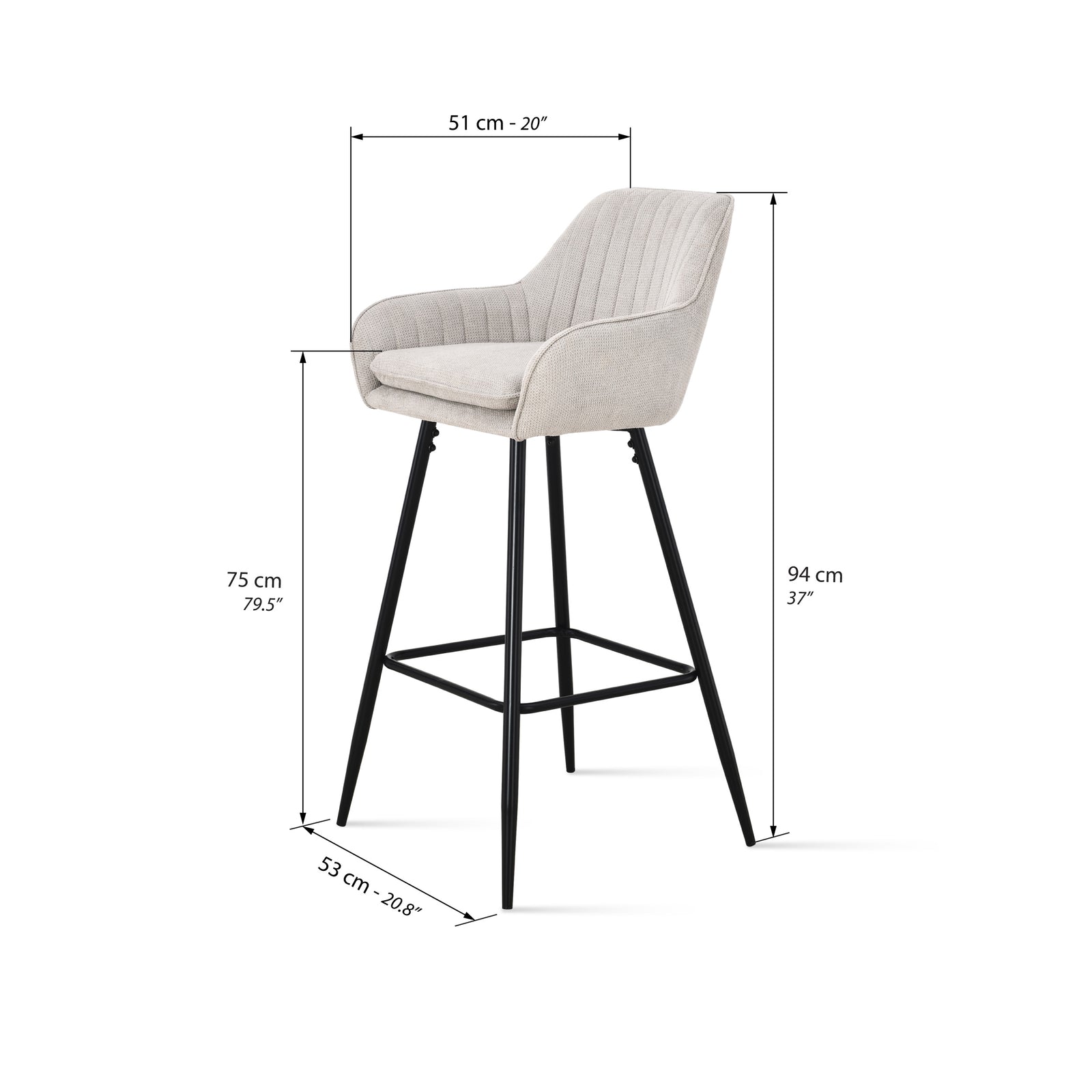 Taburete din material textil Roberto, Set de 2, Bej - Immagine tecnica 1