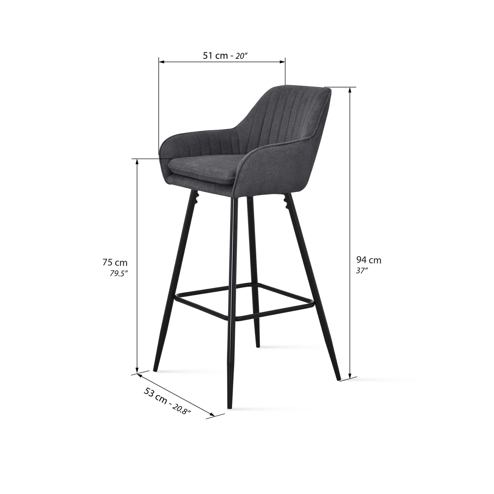 Hocker aus Stoff Roberto, 2er-Set, Dunkelgrau - Immagine tecnica 1