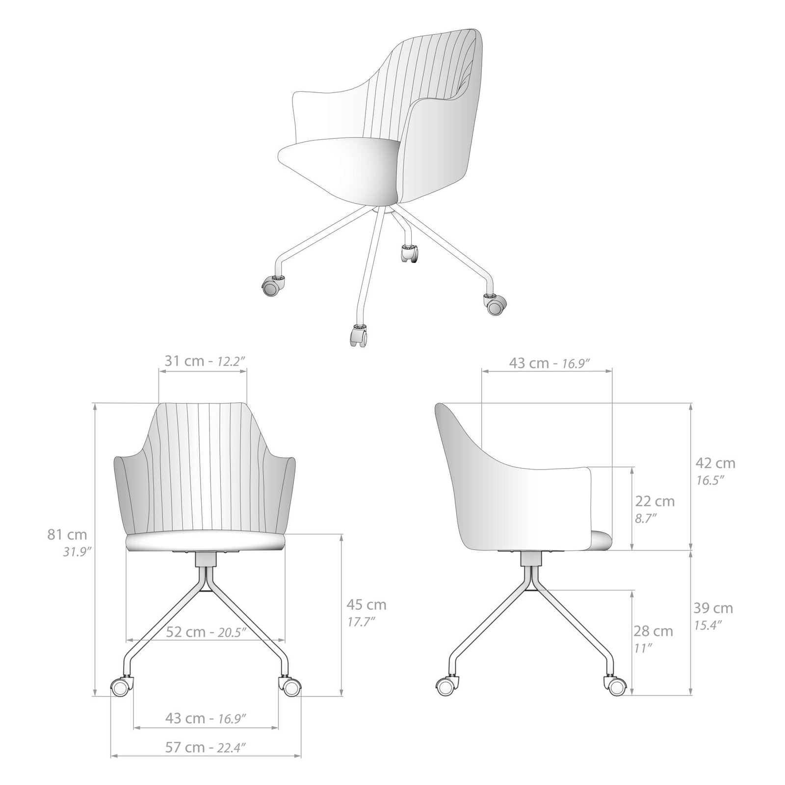 Office Chair with Casters, Romina with Light Grey Armrests - Immagine tecnica 1