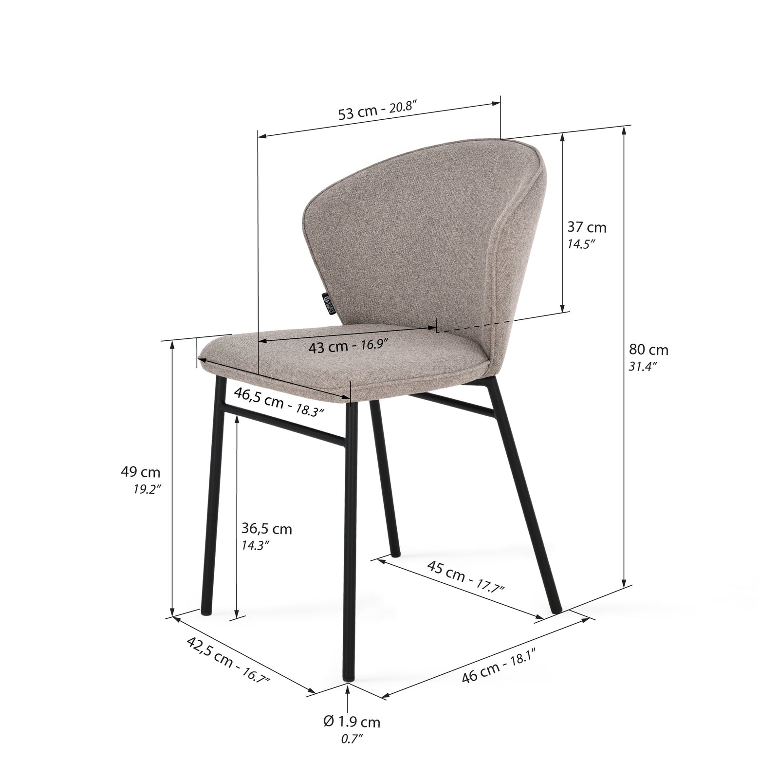 Scaune din material textil Rossella, Set de 2, Gri Porumbel - Immagine tecnica 1