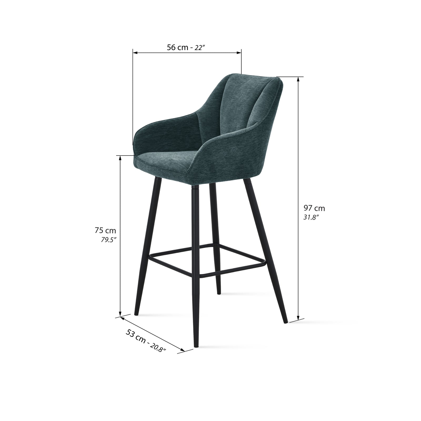 Scaune din material textil Thomas, Set de 2, Verde - Immagine tecnica 1