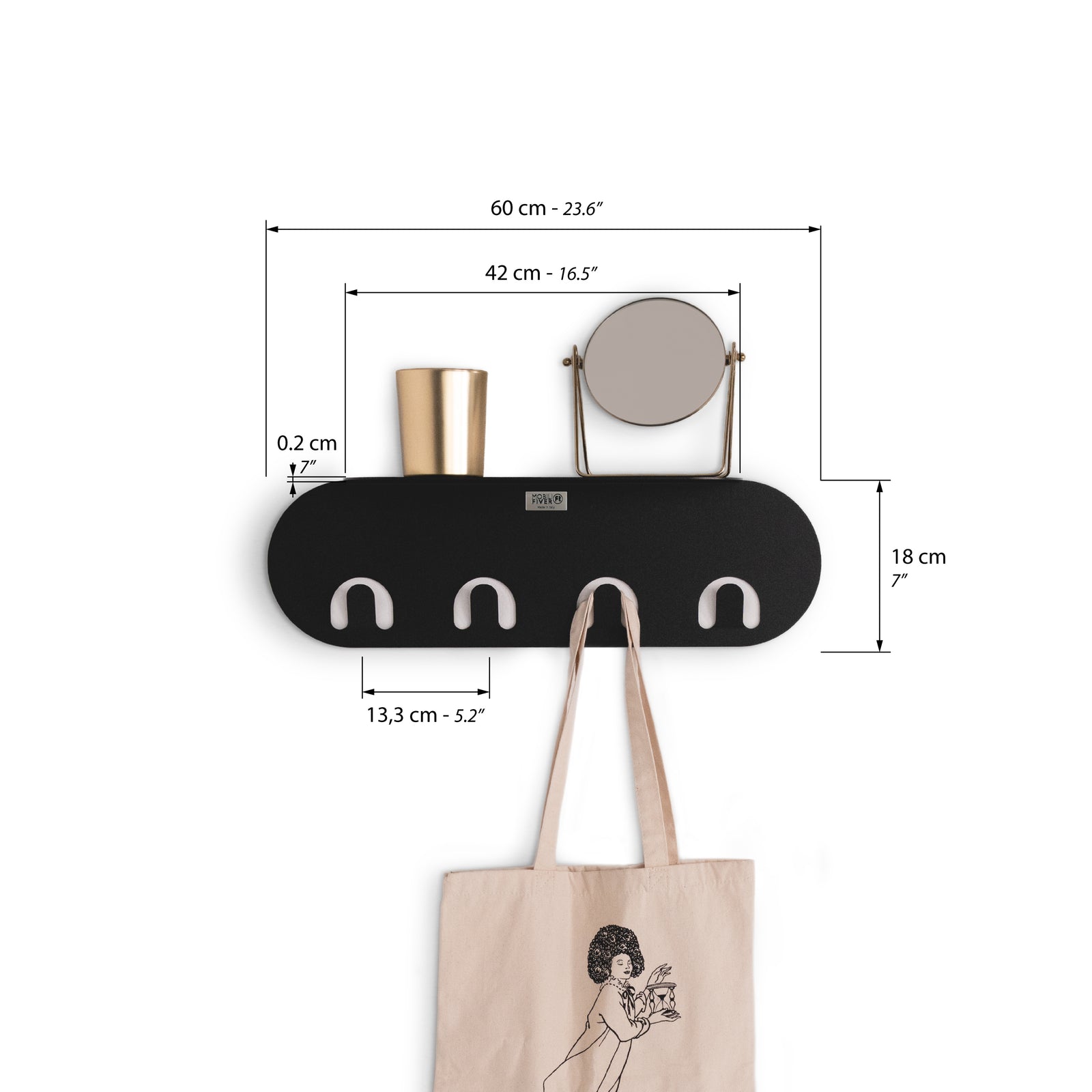 Porte-manteau mural en métal Camilla, 60 cm, Noir - Immagine tecnica 1