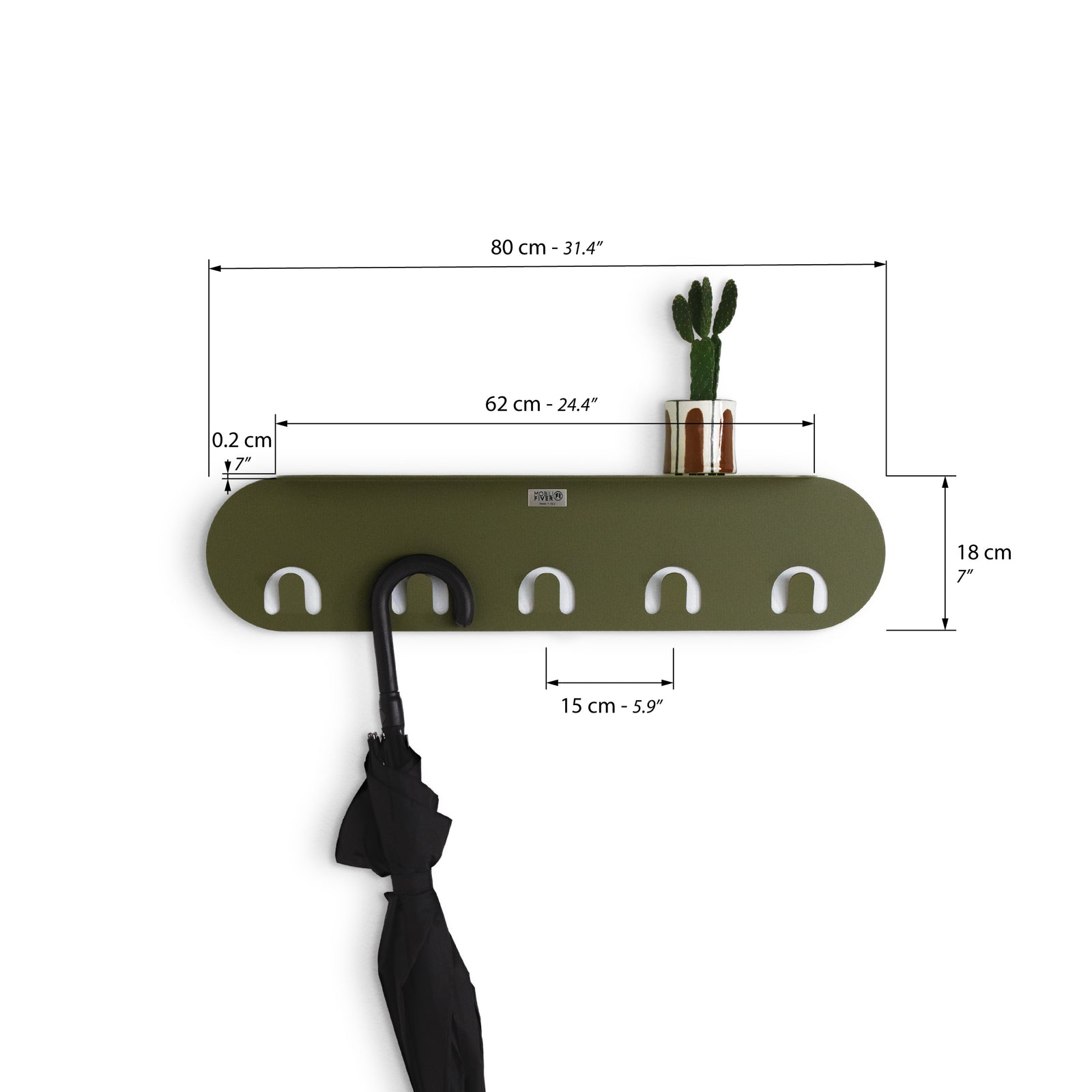 Appendiabiti da parete in metallo Camilla, 80 cm, Verde Olivia - Immagine tecnica 1