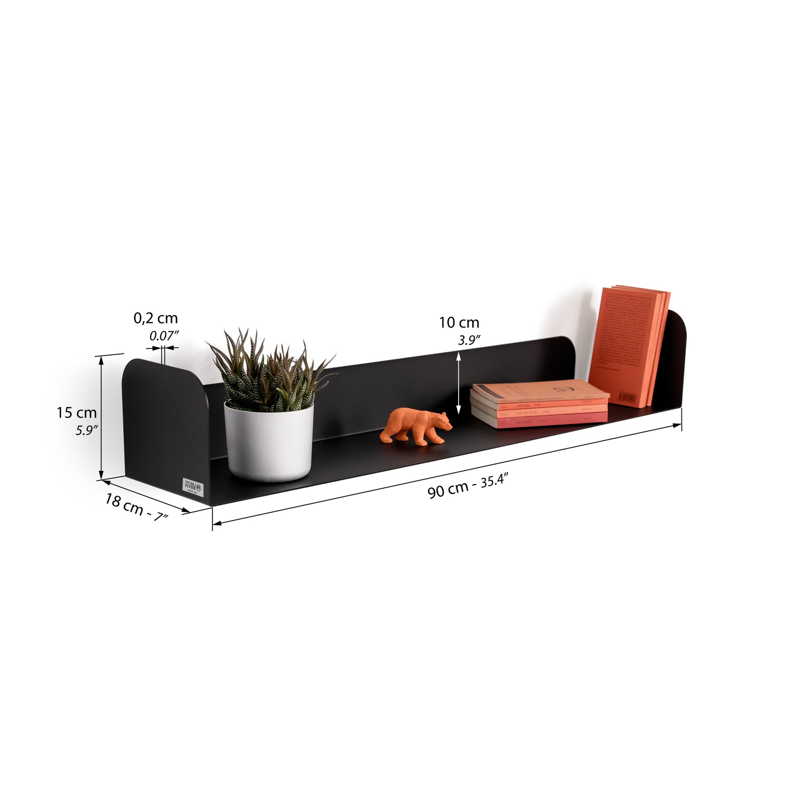 Mensola in metallo Camilla a U, 90x18x15 cm, Nero - Immagine tecnica 1