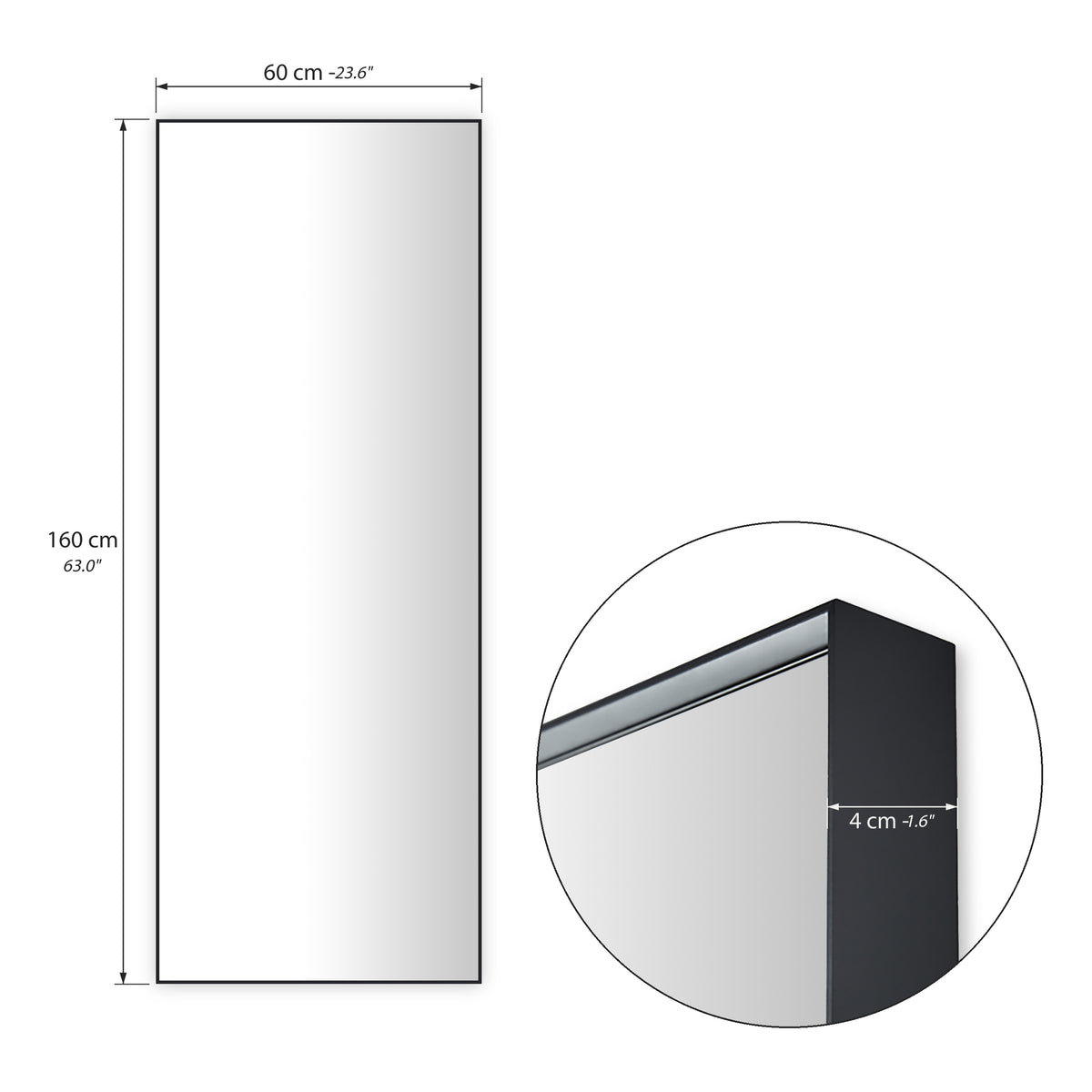 Agata Rectangular Mirror, 63x23.6 in, black aluminium frame - Immagine tecnica 1