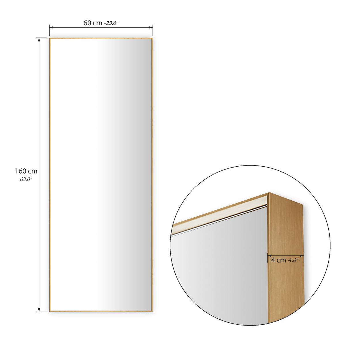 Agata Rectangular Mirror, 160x60 cm, gold aluminium frame - Immagine tecnica 1