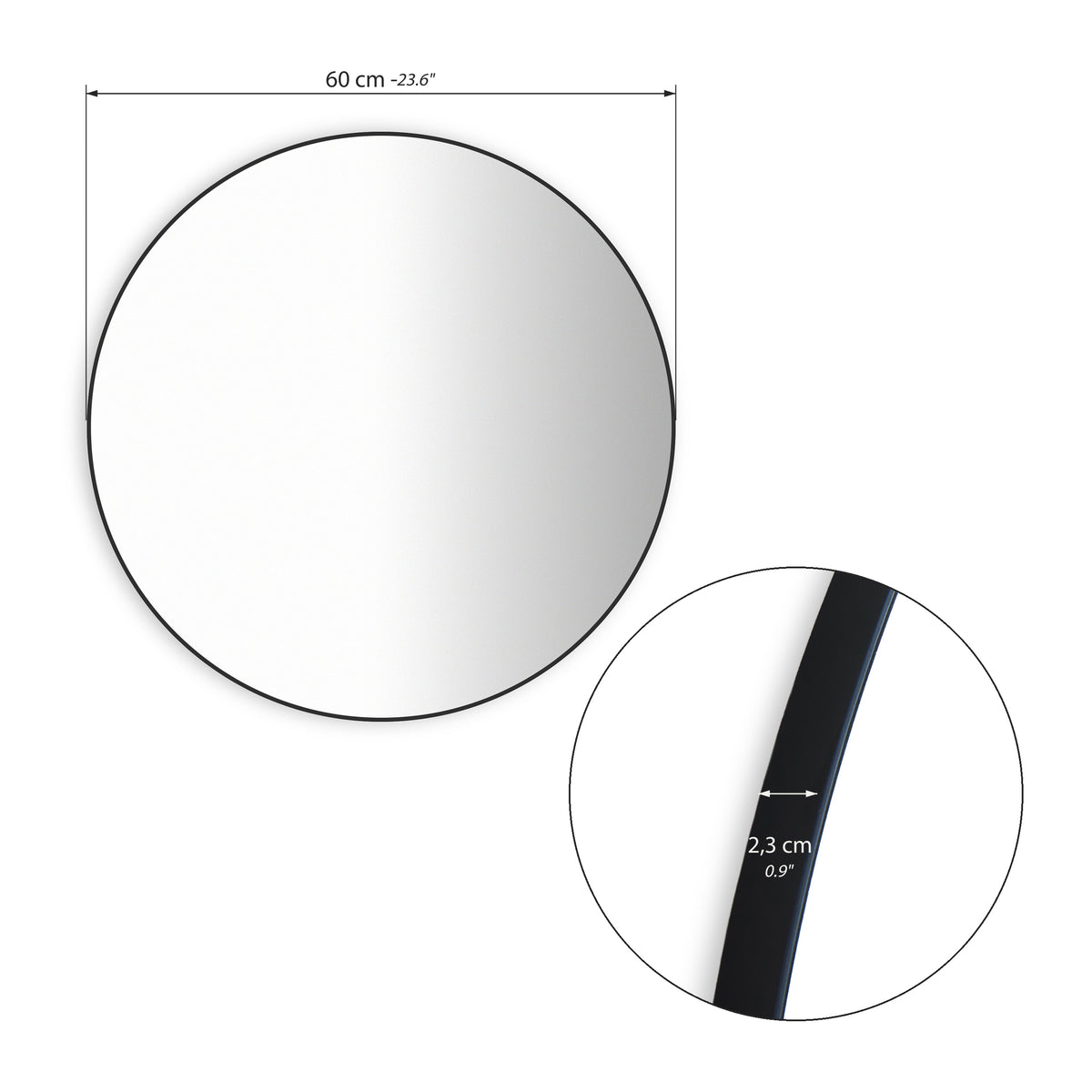 Miroir rond Carlotta, Ø 60 cm, cadre en acier noir - Immagine tecnica 1
