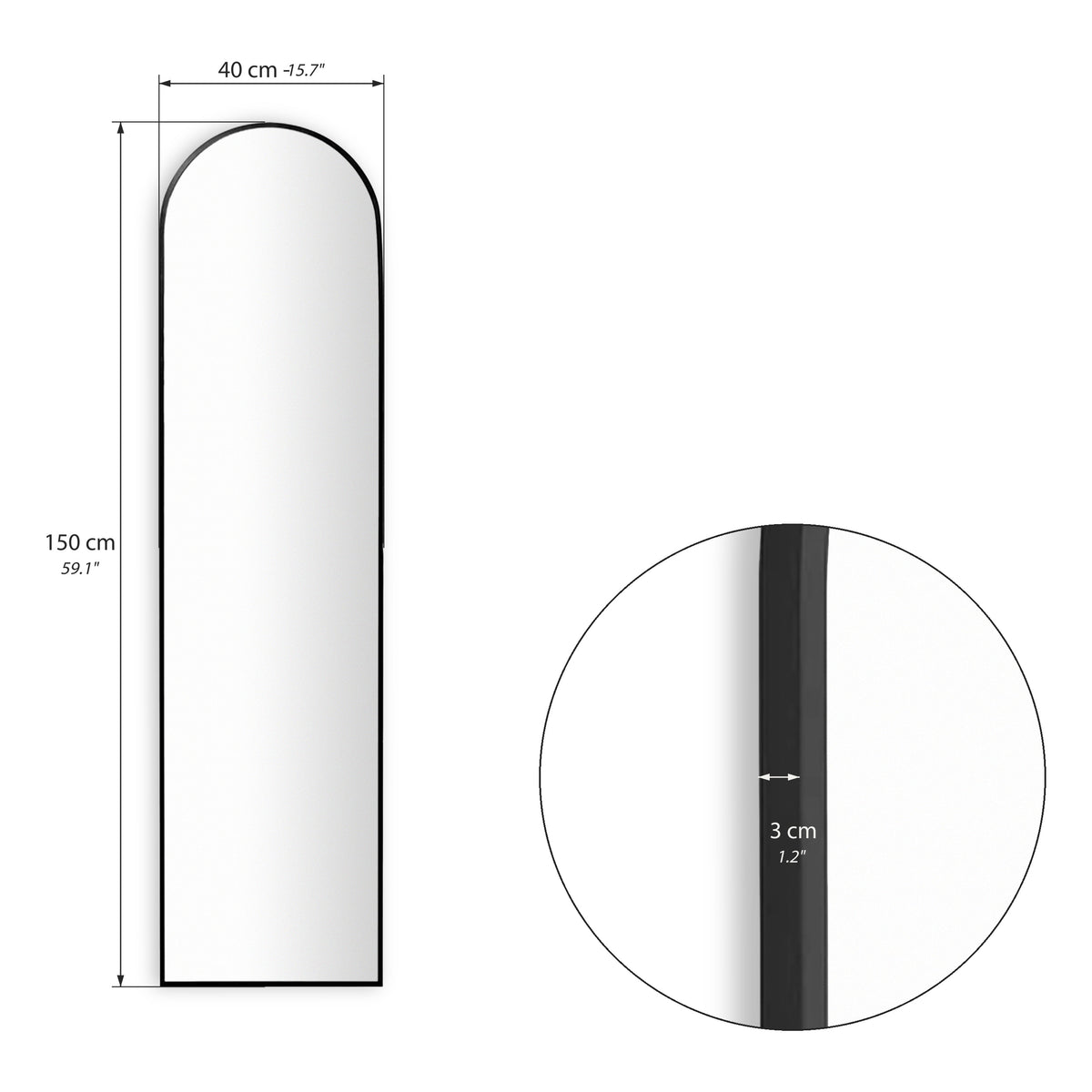 Arch mirror Camilla, 150x40 cm, black metal frame - Immagine tecnica 1