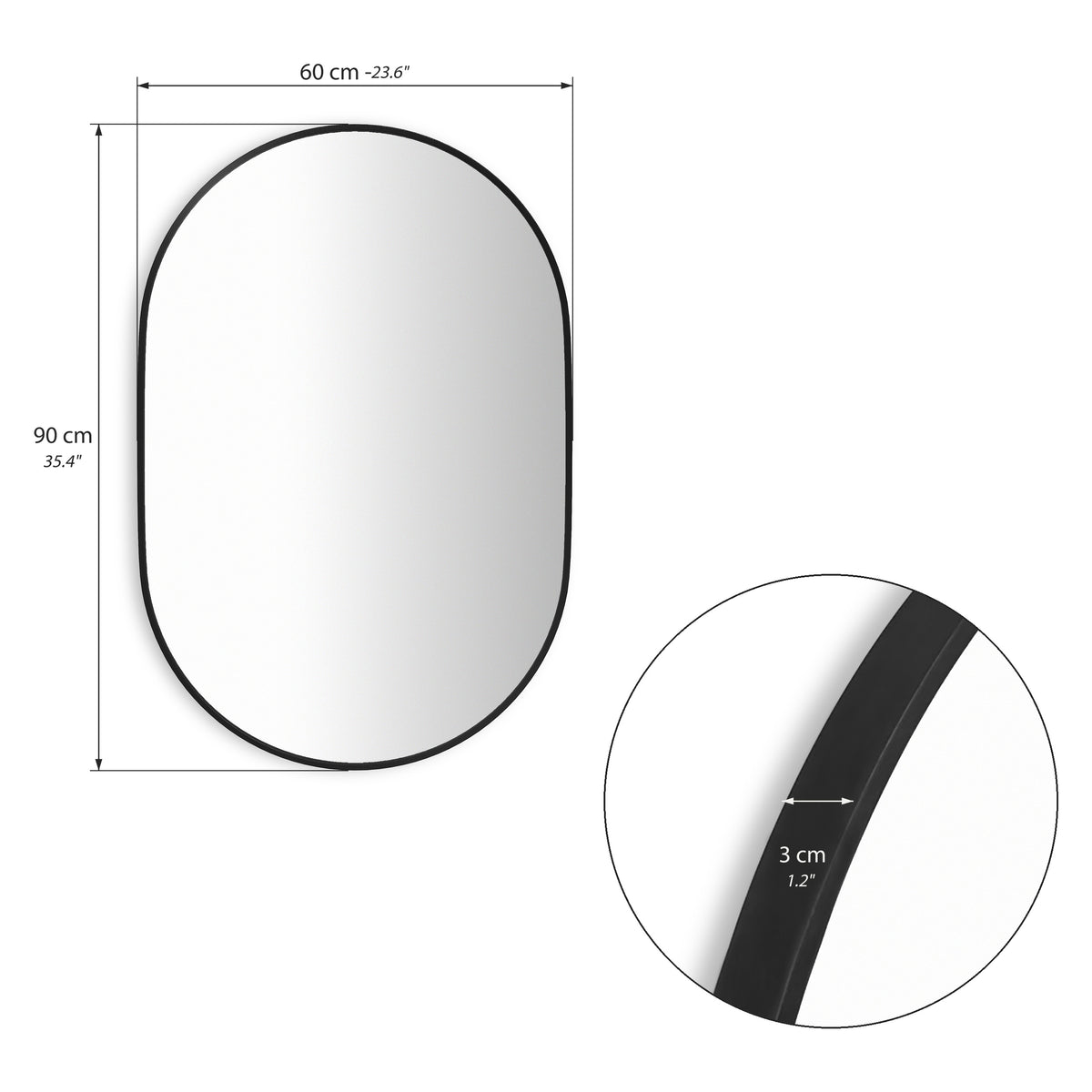 Miroir ovale Camilla, 60x90 cm, cadre en métal noir - Immagine tecnica 1