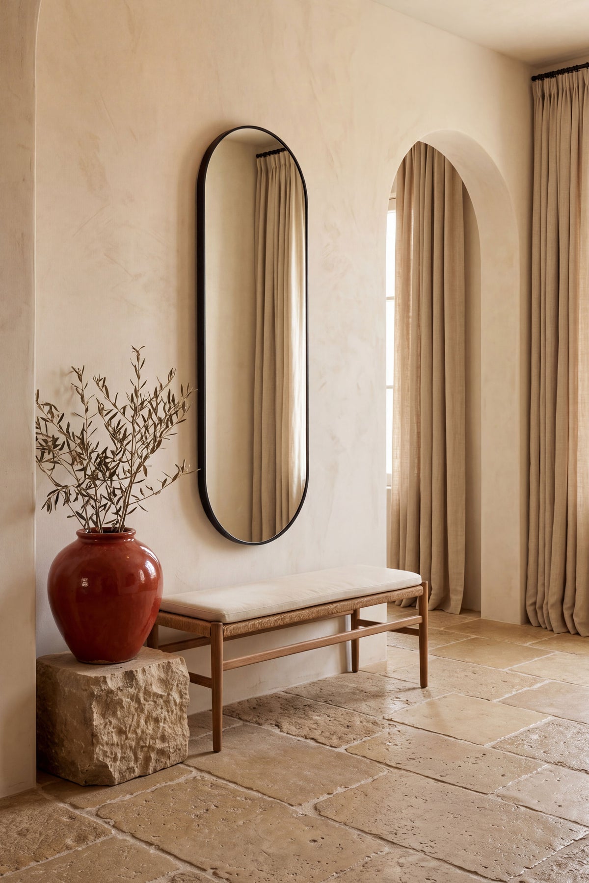 Specchiera ovale Camilla, 150x40 cm, cornice in metallo nero - Immagine ambientata 1