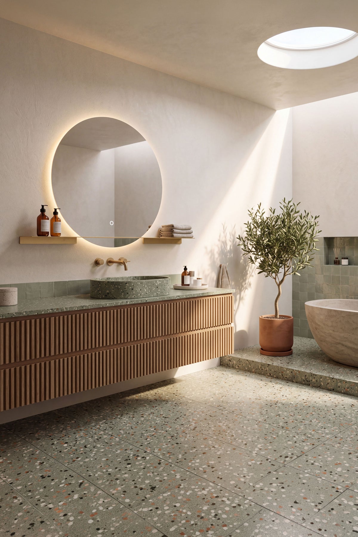 Miroir rond à LED Cristina Ø 80 cm avec étagère en laiton brossé 100x13,5 cm - Image d’ensemble 1