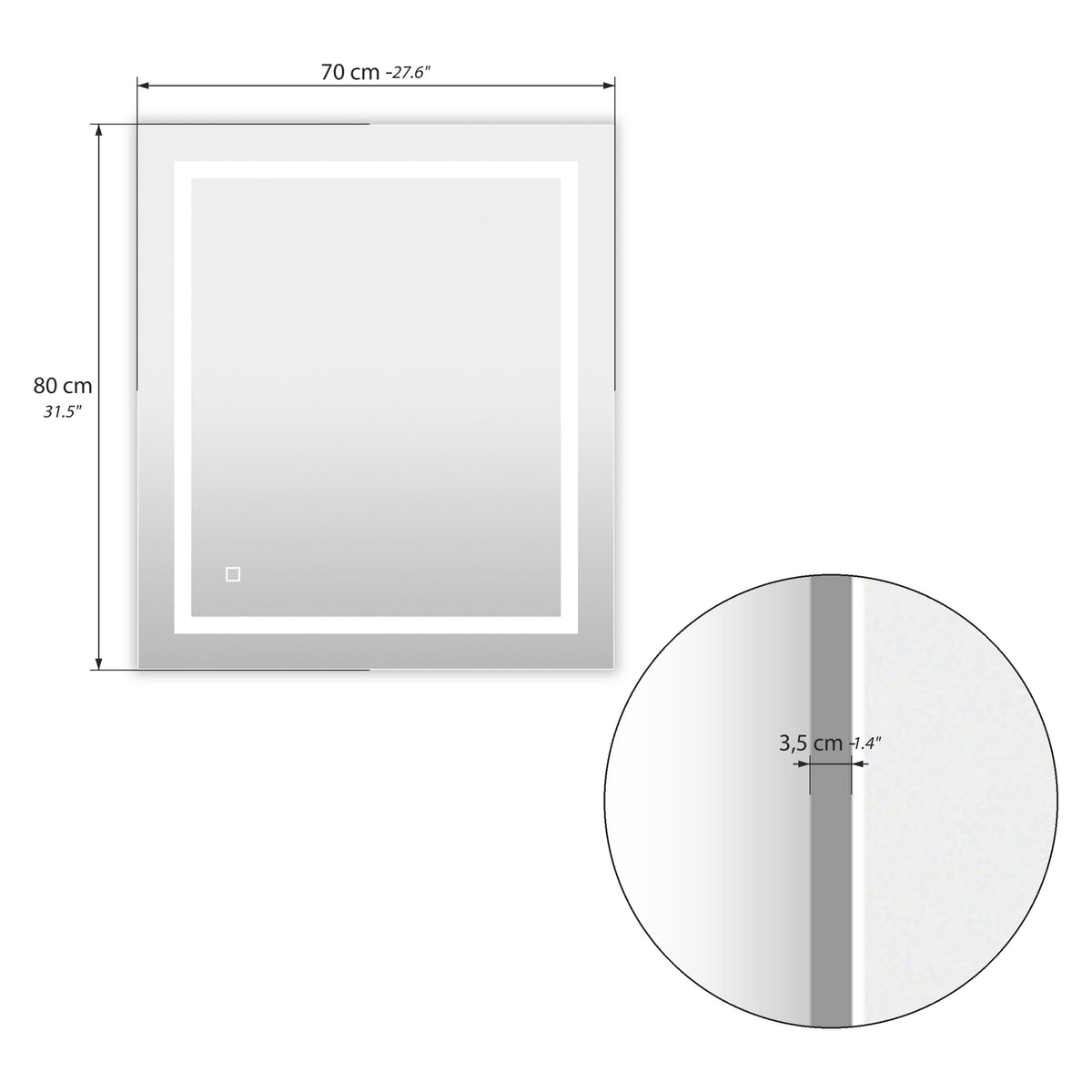 Rectangular LED mirror Erica, 80x70 cm, warm white light - Immagine tecnica 1
