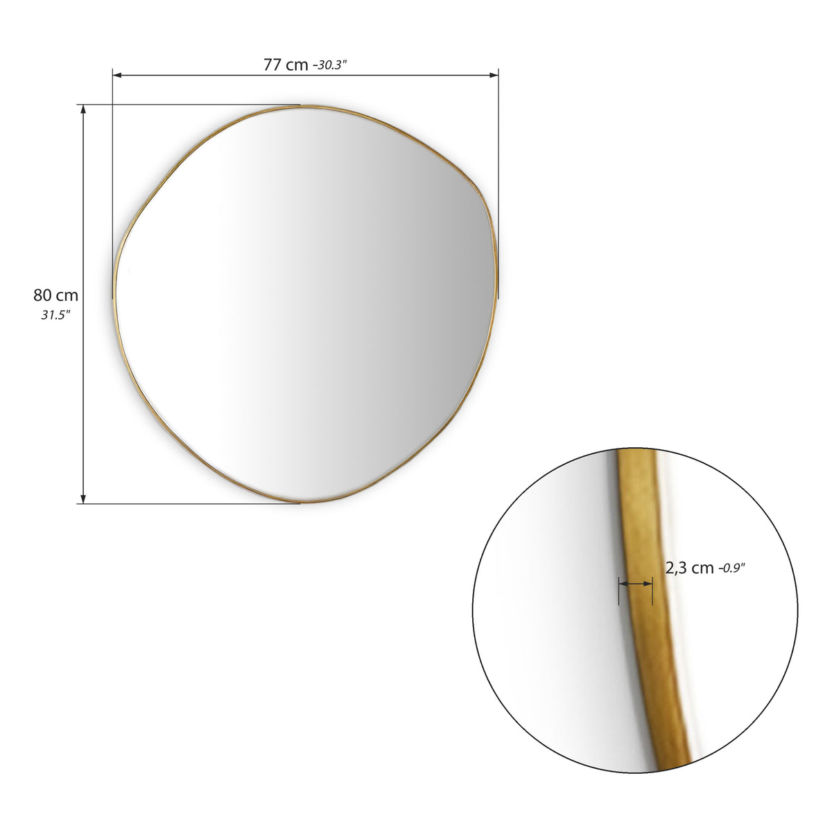 Miroir mural irrégulier Pietro, 80x77 cm, cadre en acier couleur laiton - Immagine tecnica 1