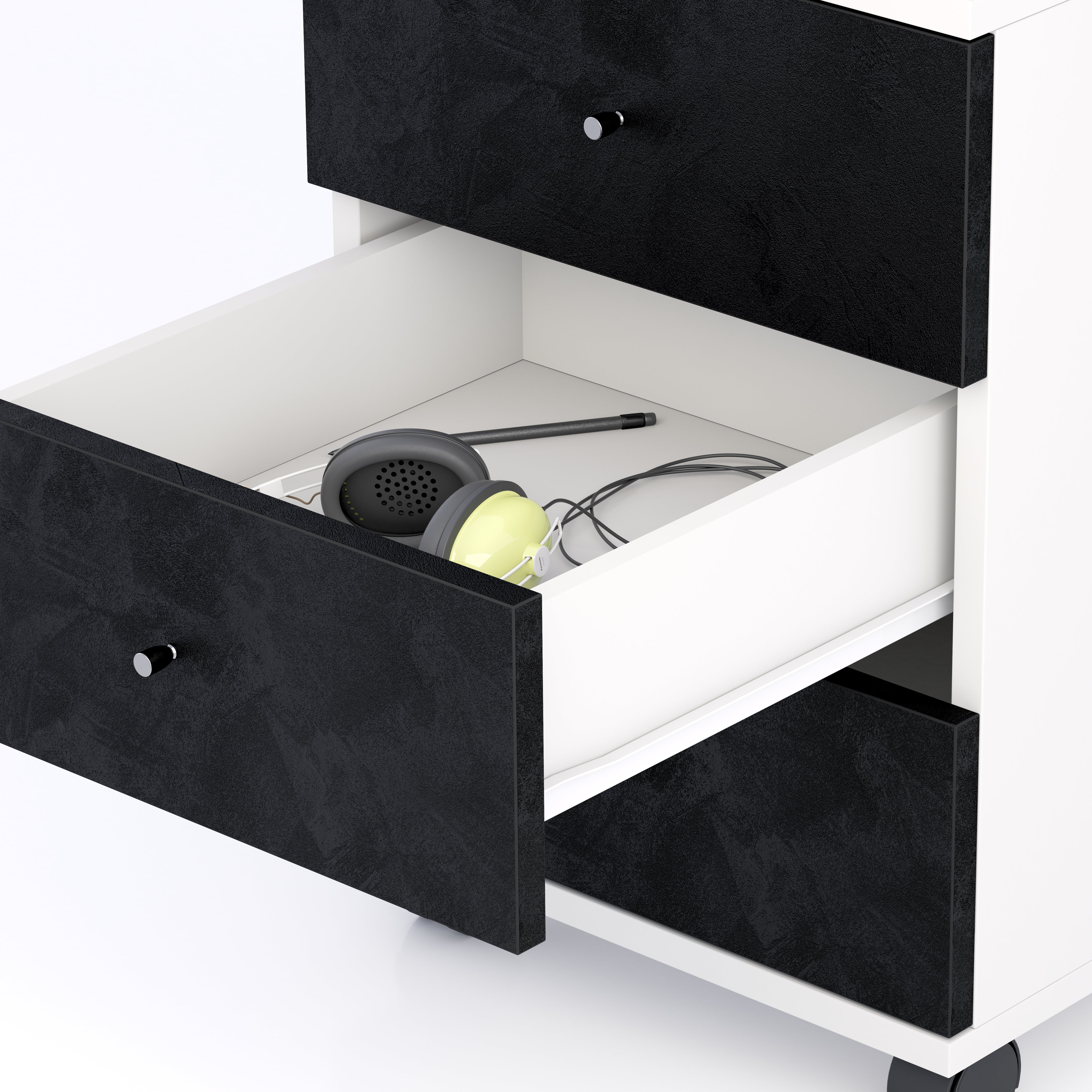 Cassettiera con ruote Clara, Bianco Opaco con cassetti Nero Cemento
