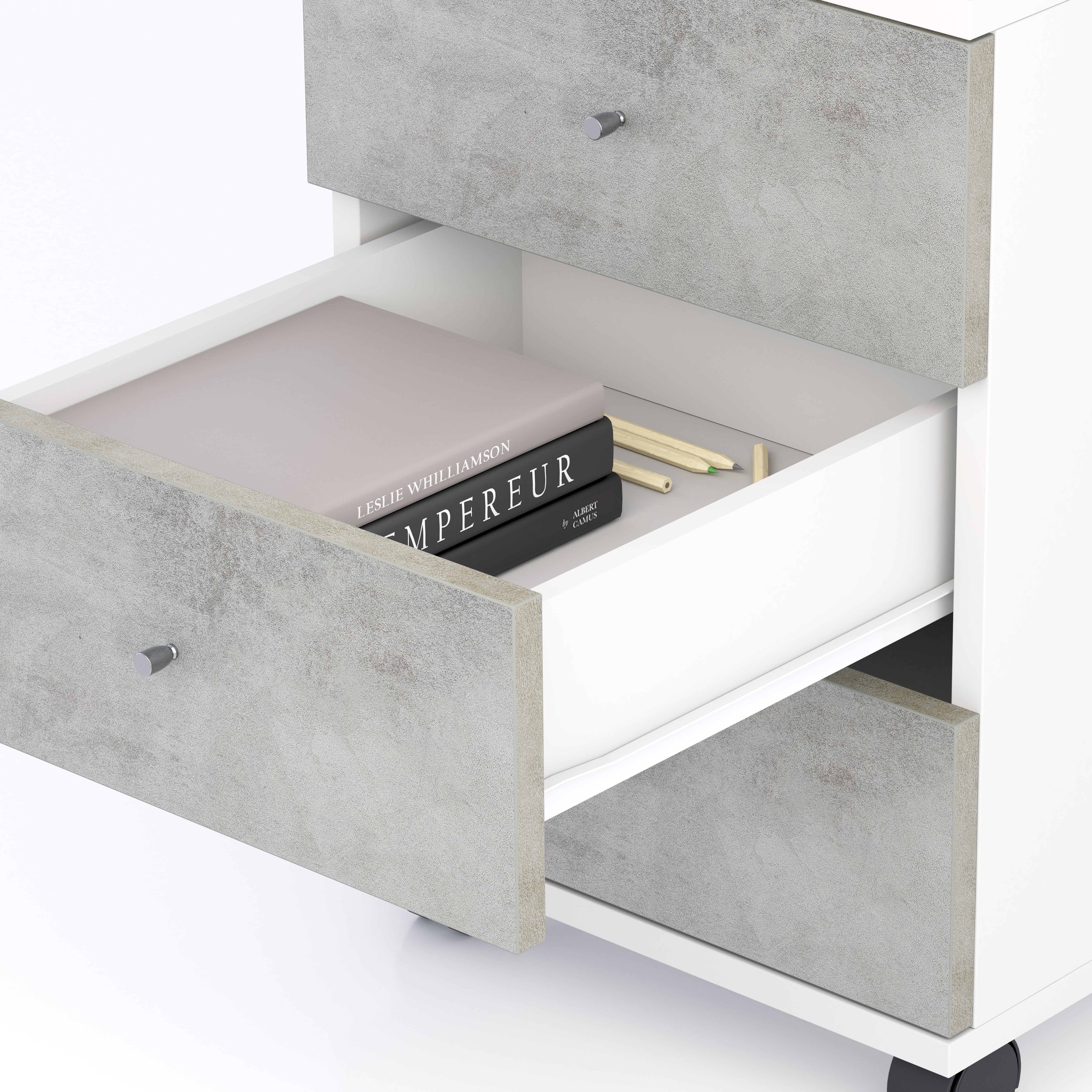 Caisson Clara à roulettes, Blanc Mat avec tiroirs Gris Béton