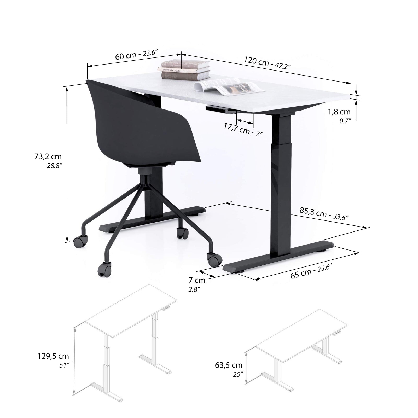 Verstellbarer Schreibtisch Clara 120x60 Weiss Beton mit schwarzen Beinen - Immagine tecnica 1