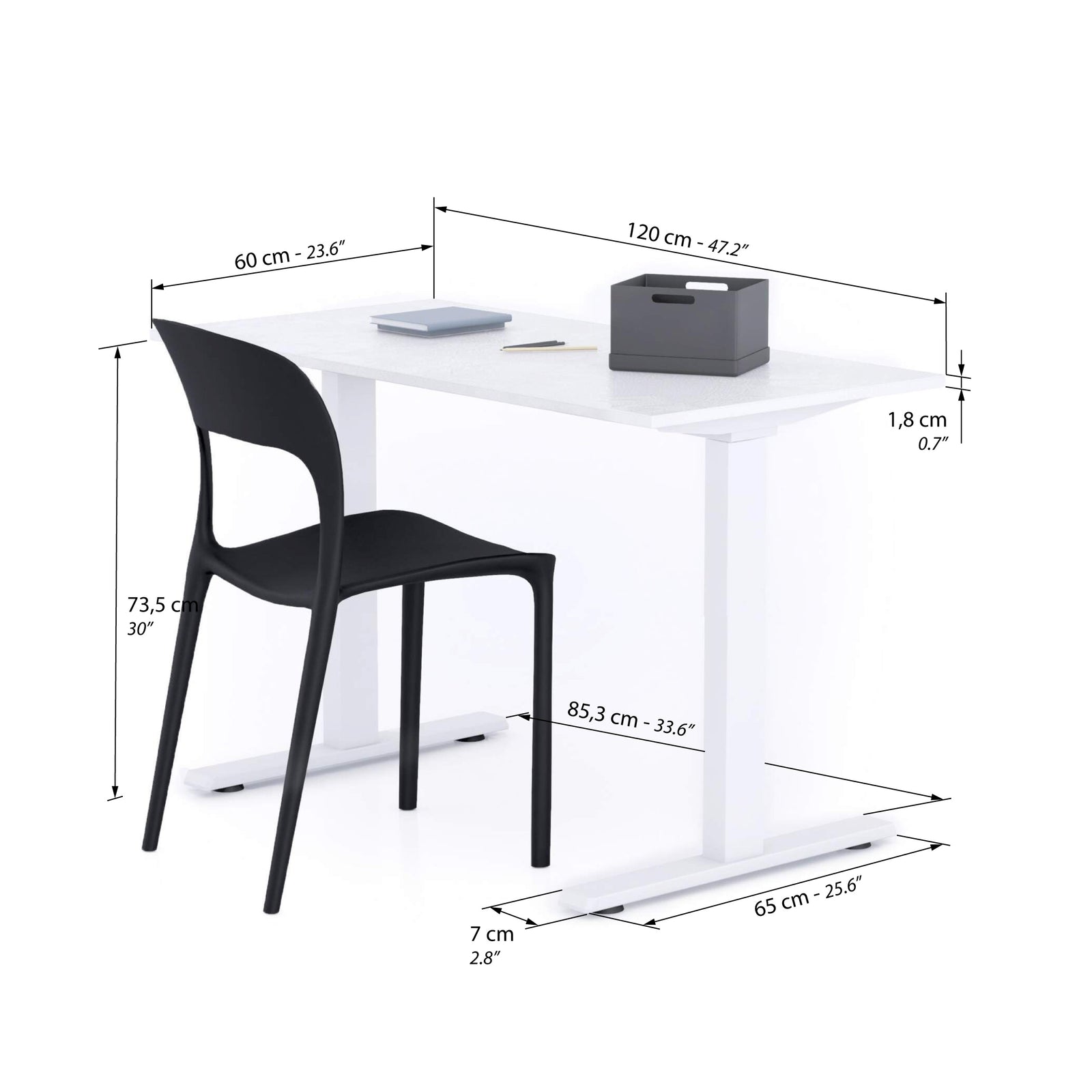 Scrivania Fissa Clara 120x60 Bianco Cemento con Gambe Bianche - Immagine tecnica 1