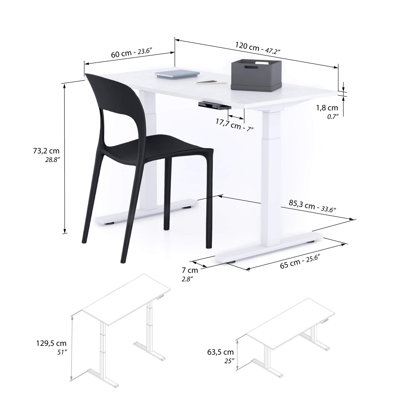 Clara Electric Standing Desk 120x60 Concrete Effect, White with White Legs - Immagine tecnica 1