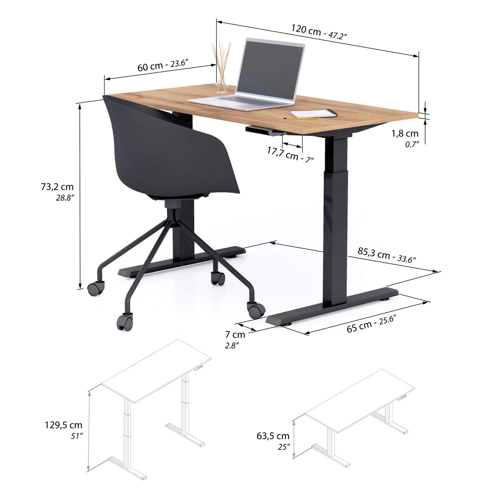 Bureau assis/debout Clara 120x60 Bois Rustique avec pieds noirs - Immagine tecnica 1